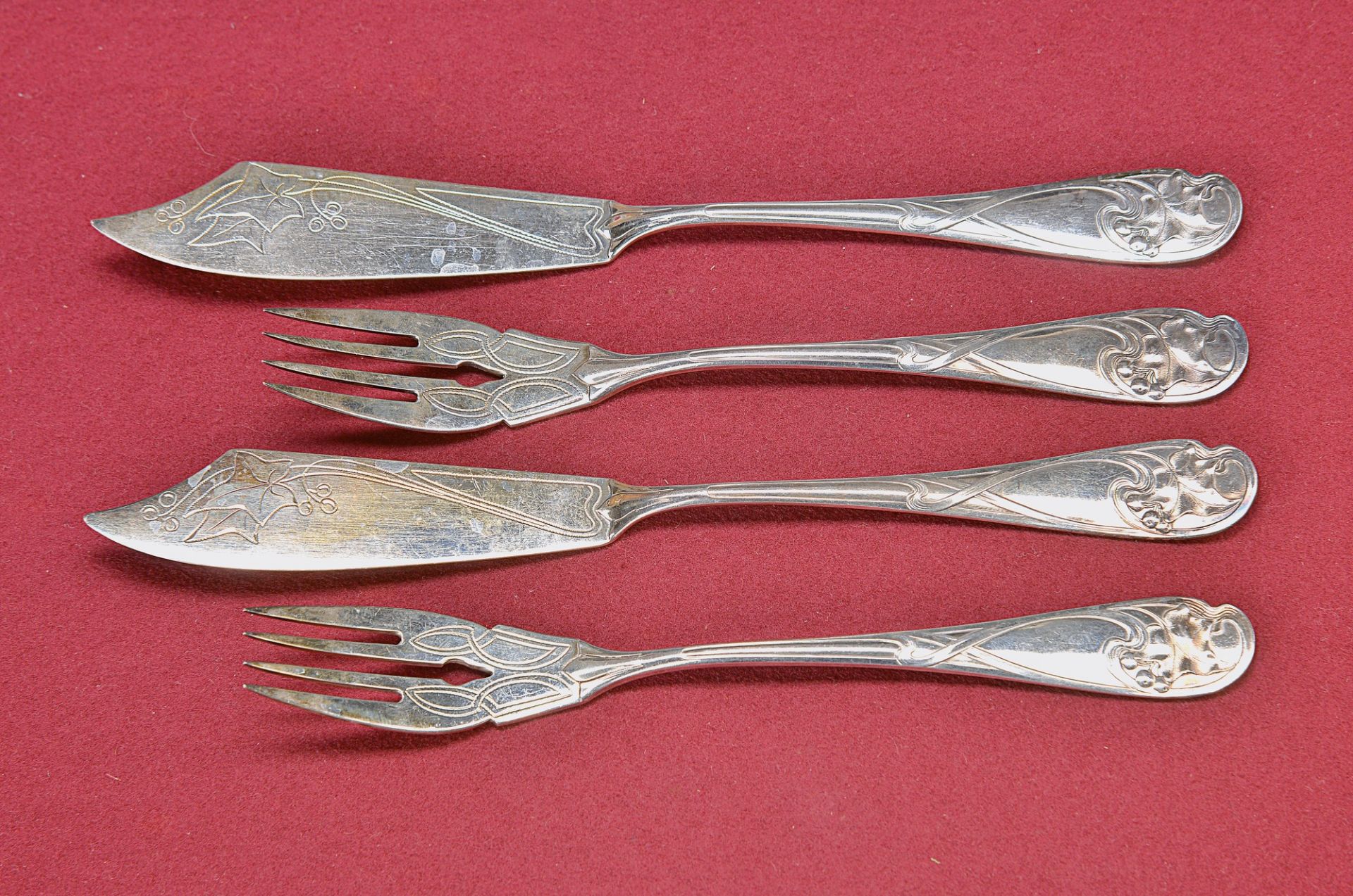 fish cutlery, Art Nouveau, around 1900-10, Schmidt & Stratulat Bugurestl, metal silver plated, 6