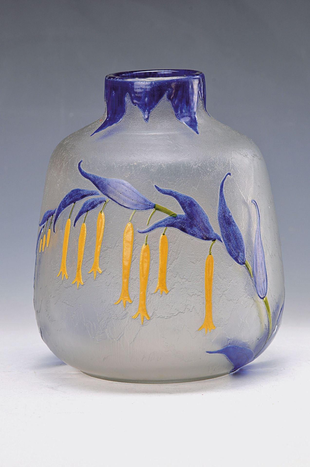 vase, Legras, 1920s, colourless etched glass, blue and yellow floral enamel decor, signed, H.