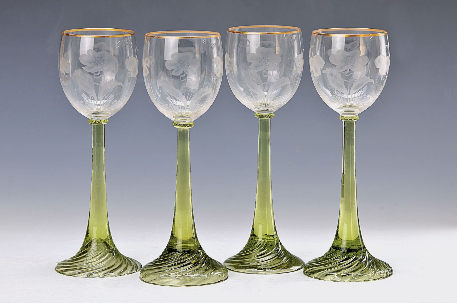 6 Romans, Art Nouveau, around 1910, colorless cuppa, green stems, gold edges, H.approx. 20.5cm ,
