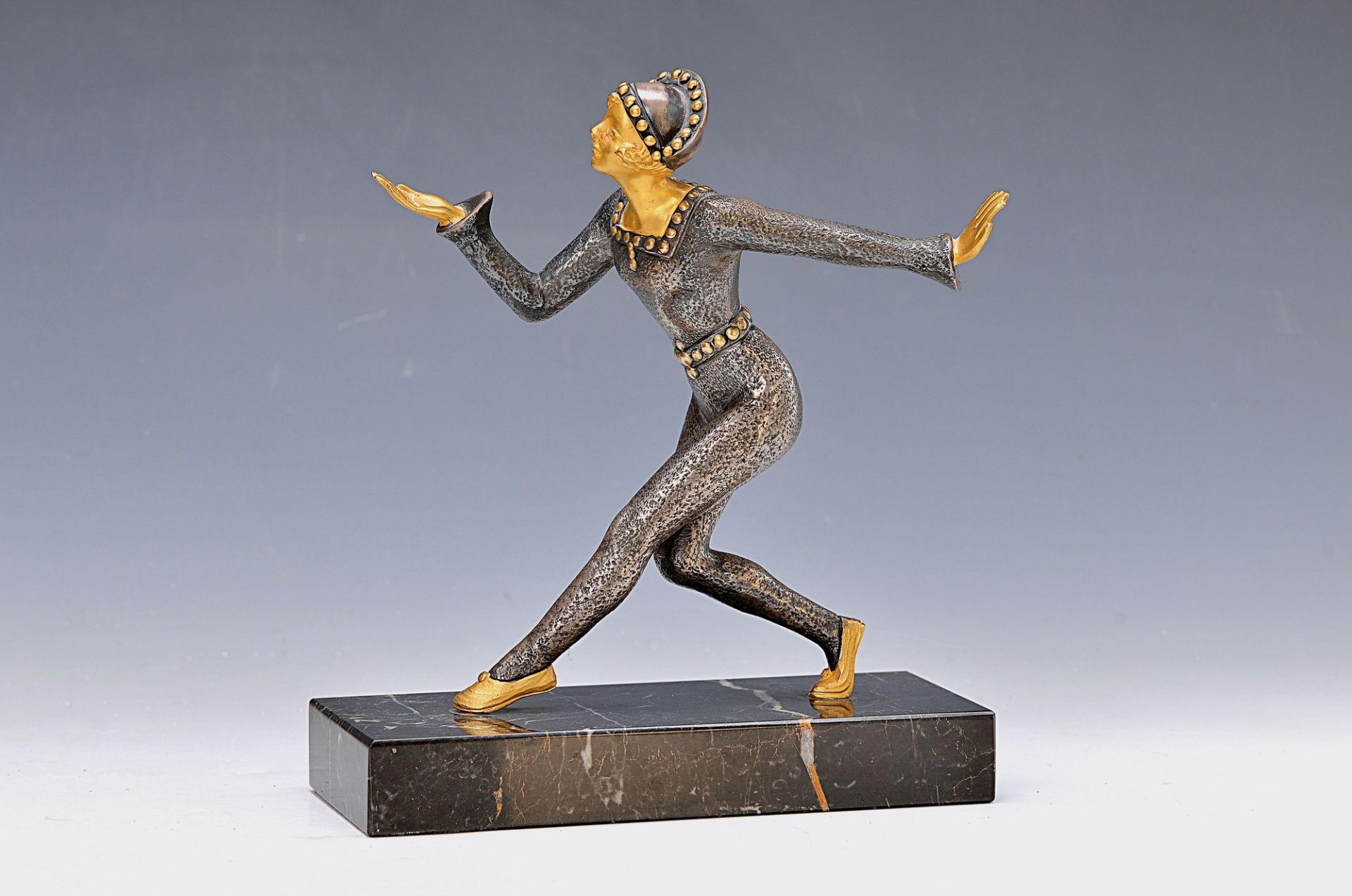 Sculpture, France, 20th c., Bronze silver plated and gilt, female dancer, marble pedestal, approx.