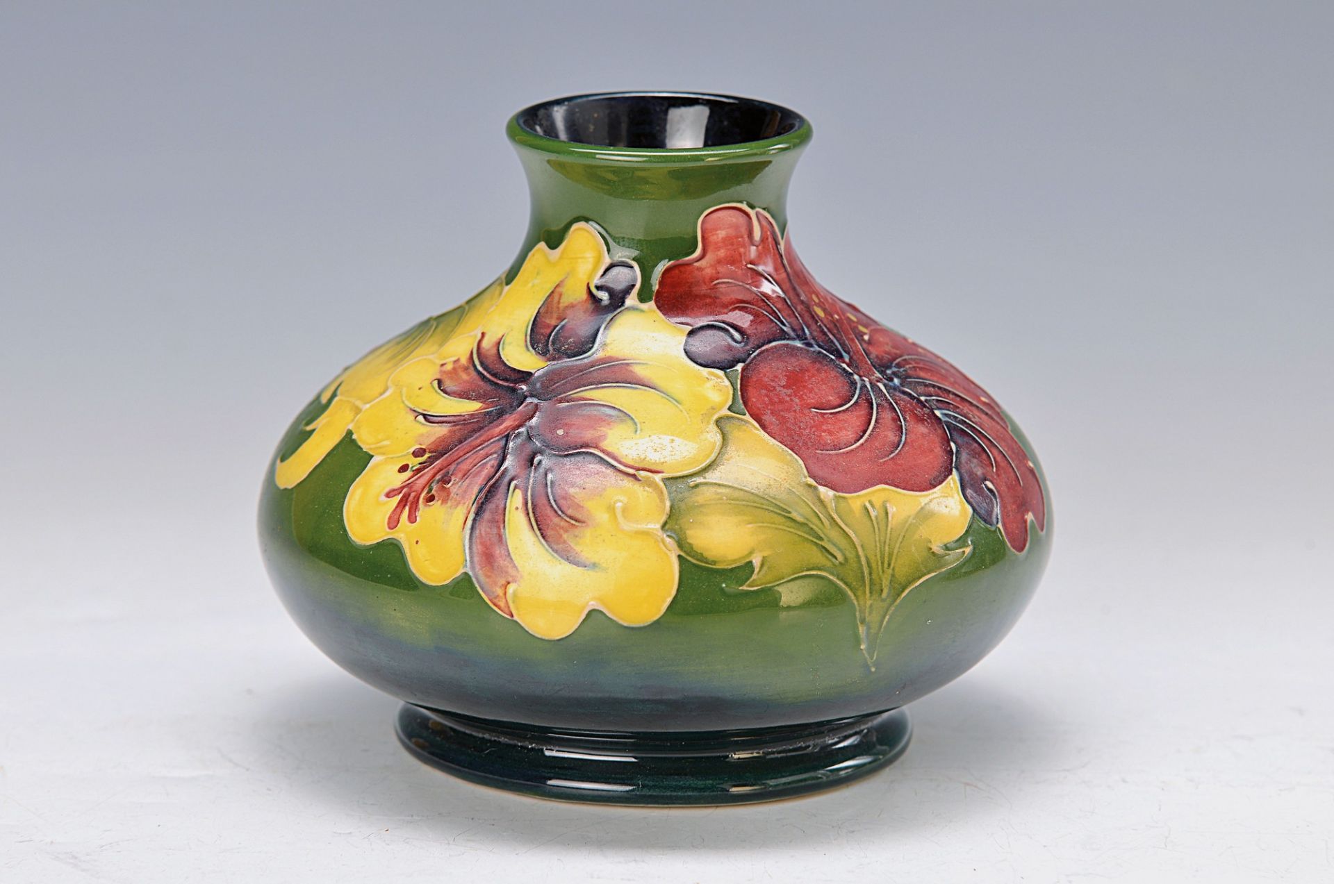 vase, Moorcraft, around 1900-10, thin walled earthenware with embossed floral floral decor,bottom