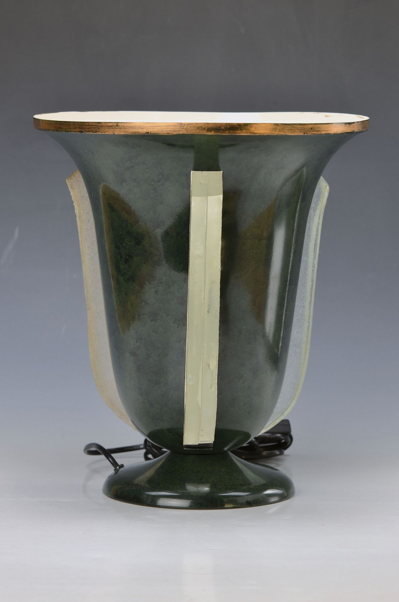 table lamp, France, around 1940, metal green- black lacquered with St. Gobain- glass inserts,