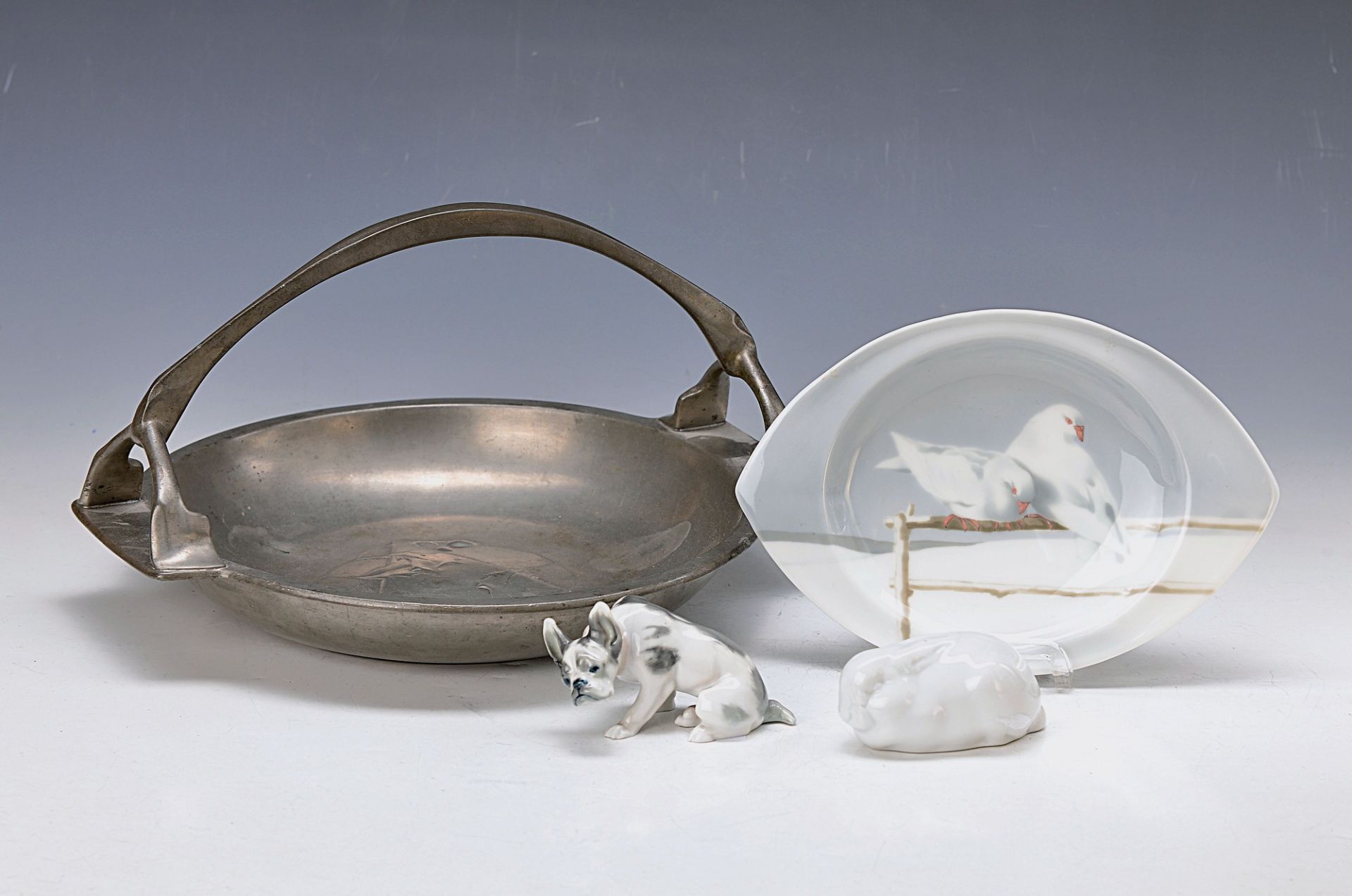 3 figurines and one tin bowl, Art Nouveau, around 1900-1930, rabbit, Thomas, Bavaria, L.8.5 cm;