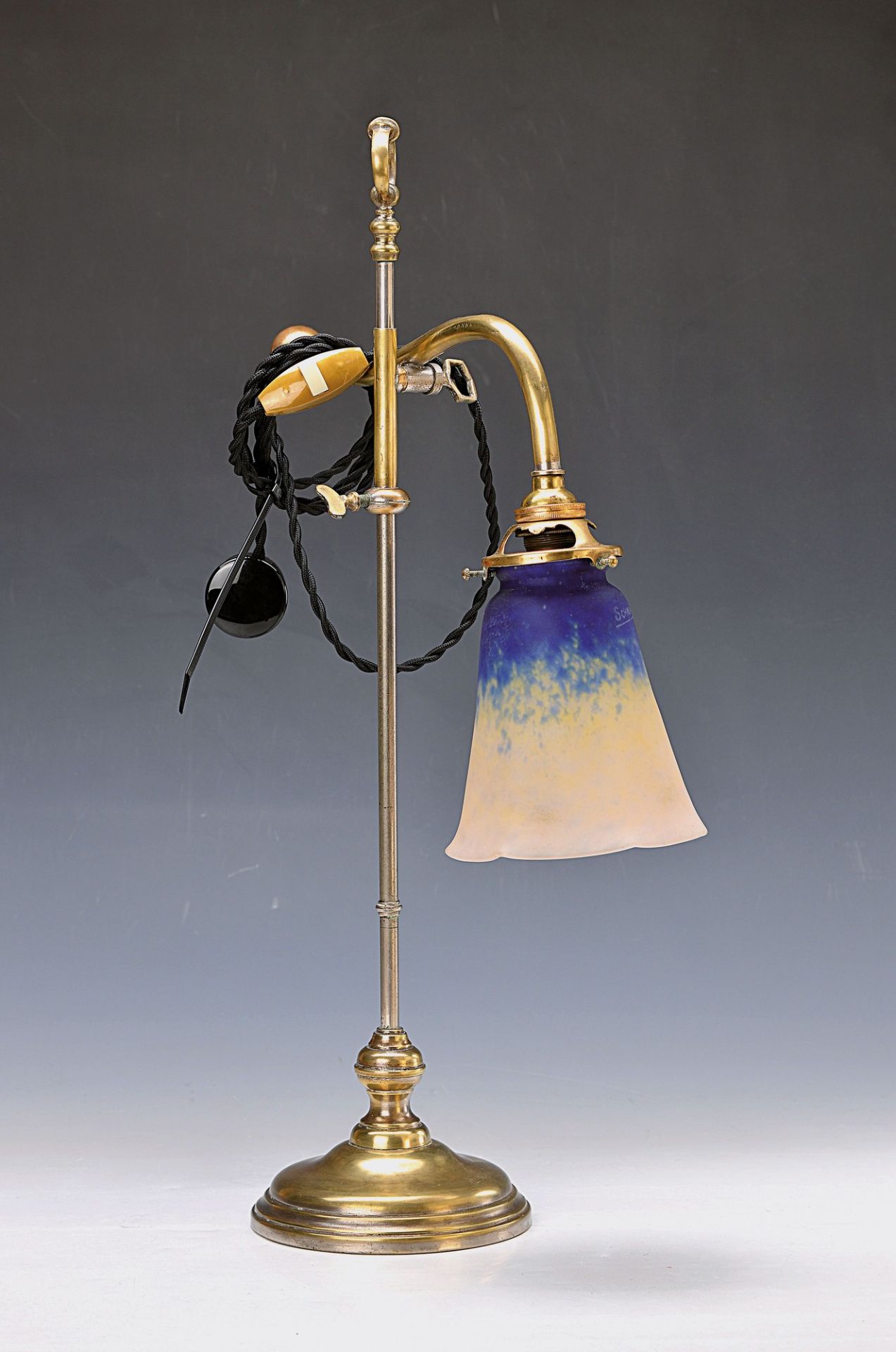 table lamp, France, 1920s, brass foot, lamp shade signed Schneider, multilayer glass with blue and