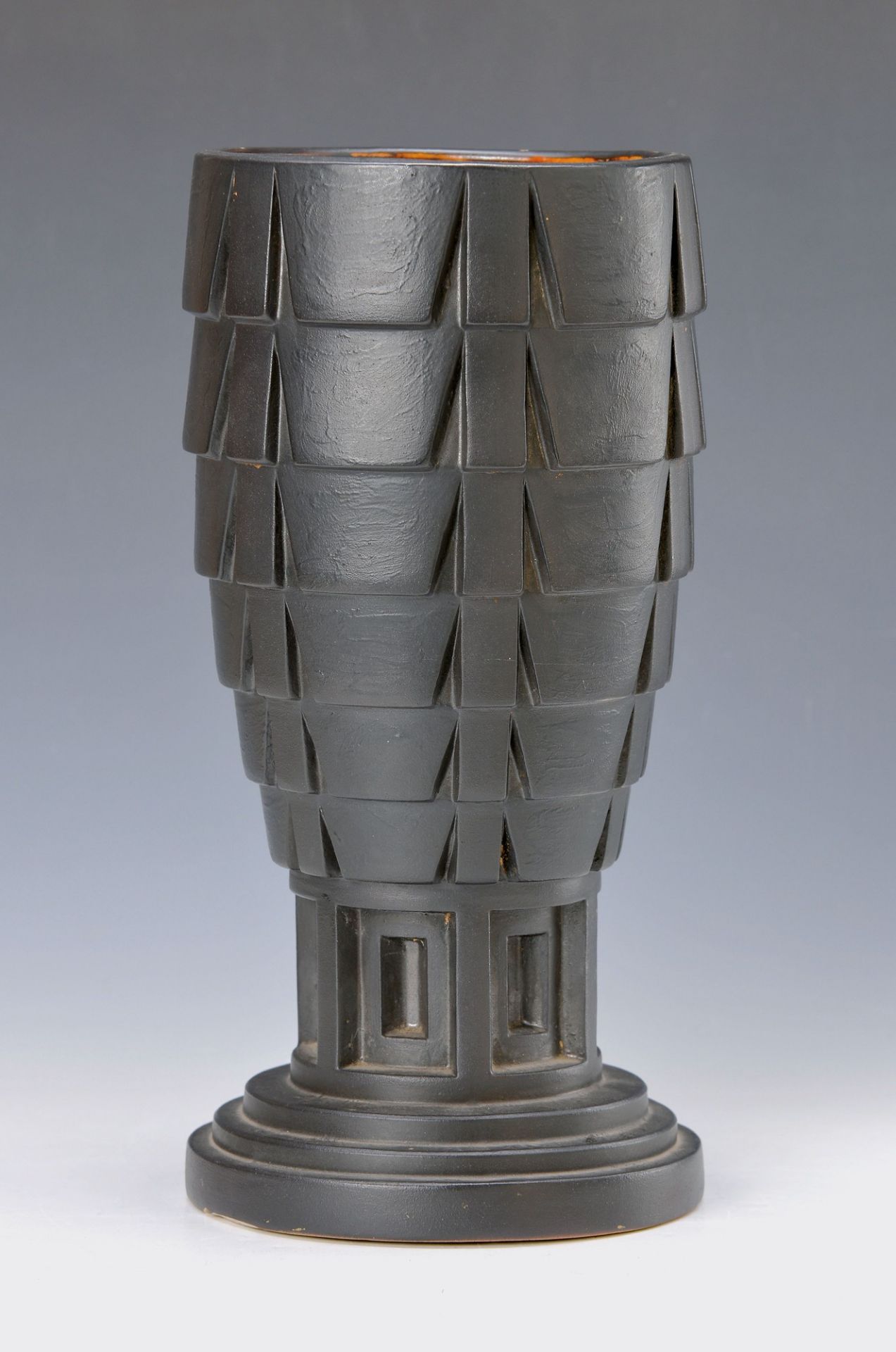 Large vase, Mougin Freres Nancy, around 1928- 32, ceramic, opulent embossed in geometrical scales