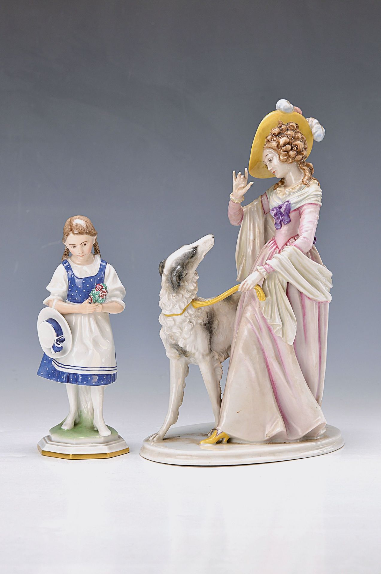 two figurines, Rosenthal, lady with greyhound, Model no 1553, design by Gustav Oppel, 1935,