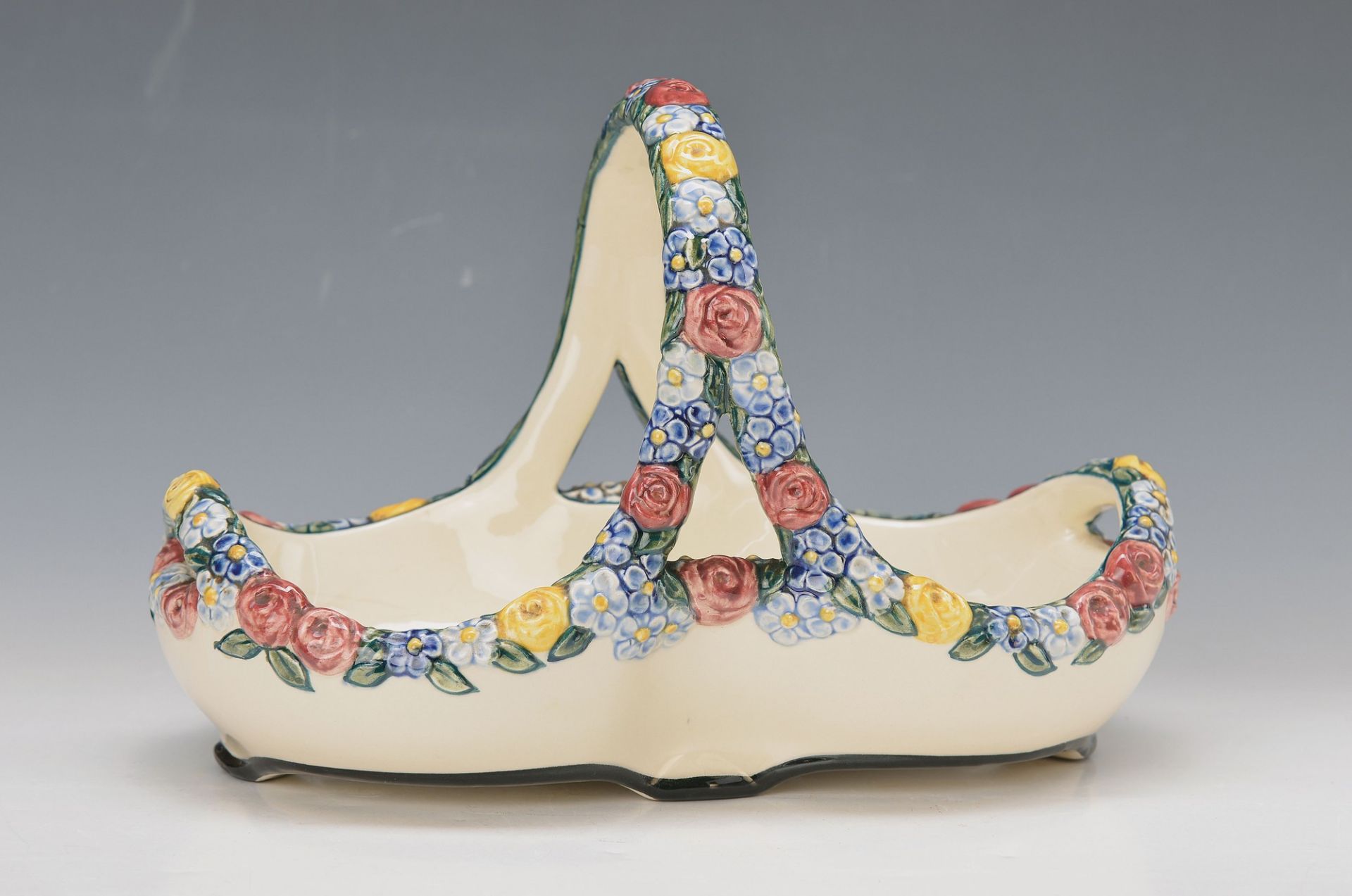 bowl, Karlsruher majolica, Model no. 1409, designed by Süs, colorful painted, minor glaze damages,