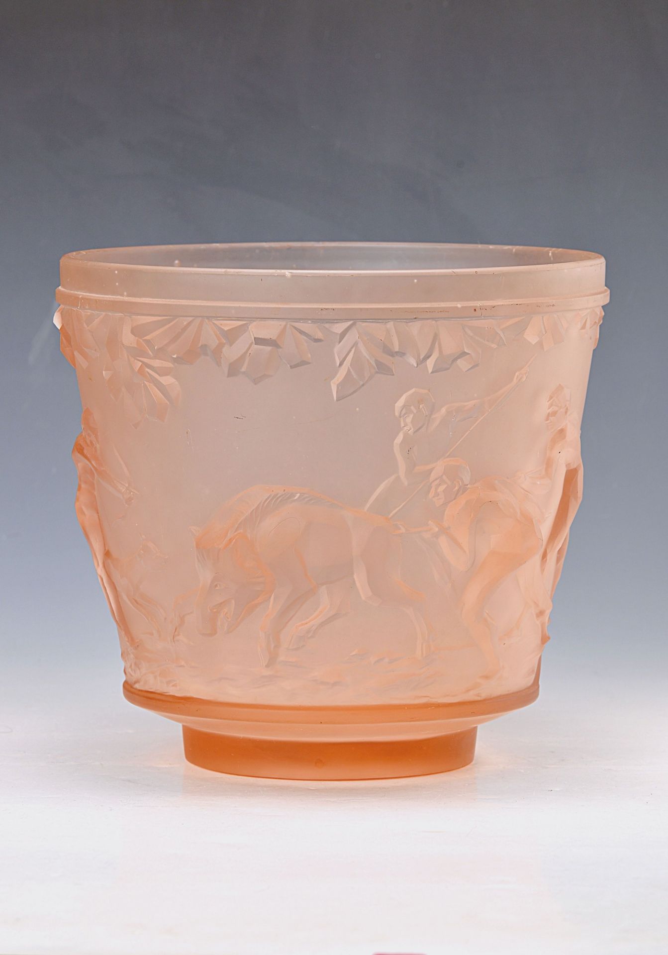 flower pot, Muller Freres, around 1900, colorless glass, rose powdered, encircling embossment