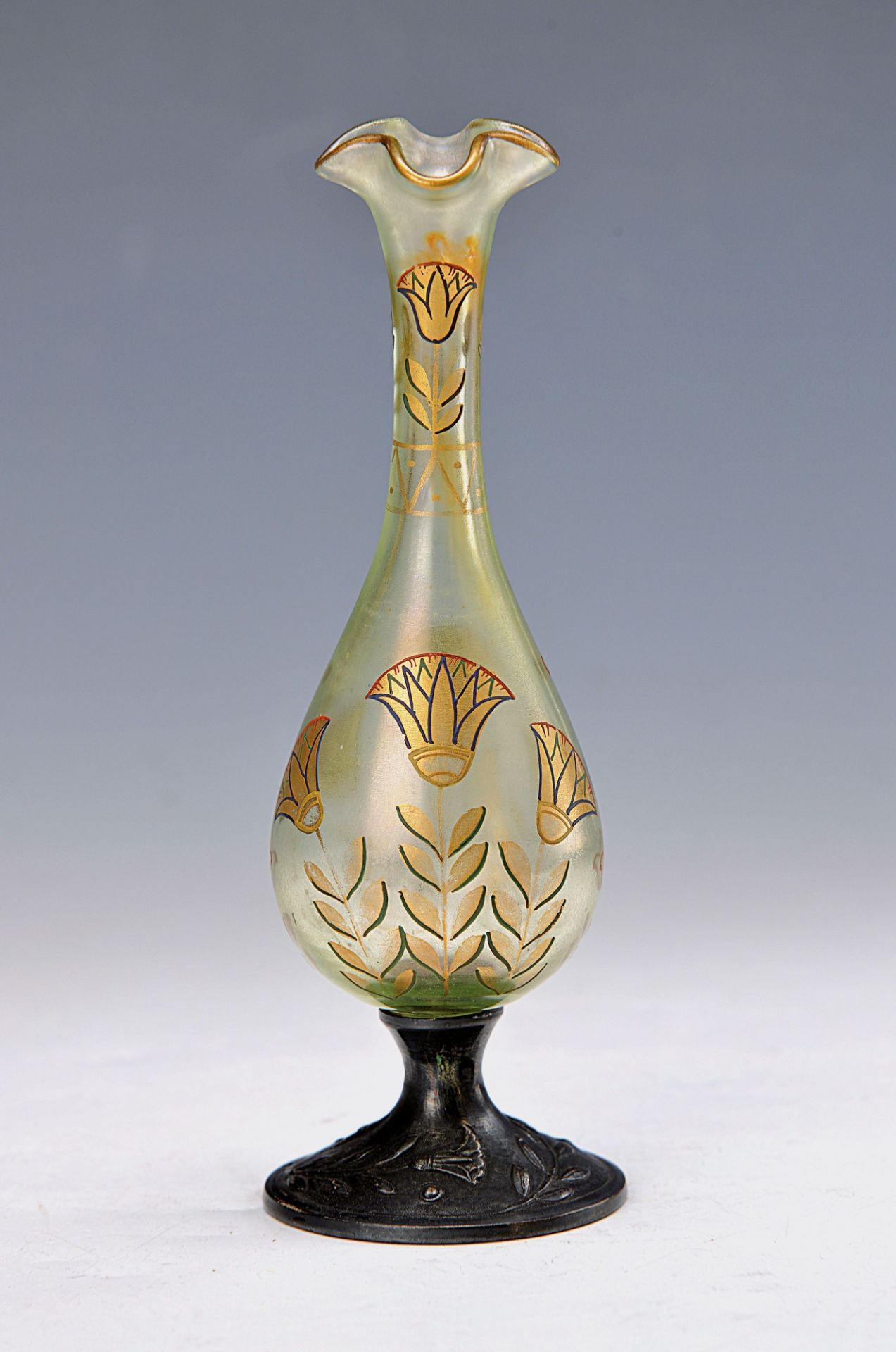vase, Fritz Heckert, around 1900, colorless glass, optical blown, greenish external layer,etched and