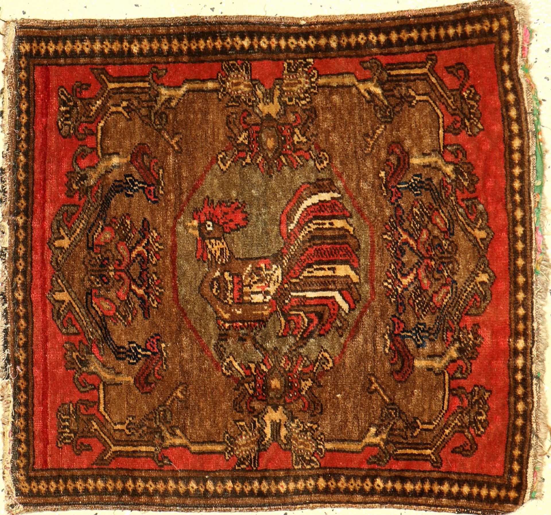 Rare Chicken Pushti antique, West Persia, around 1900, wool on cotton, approx. 57 x 53 cm,