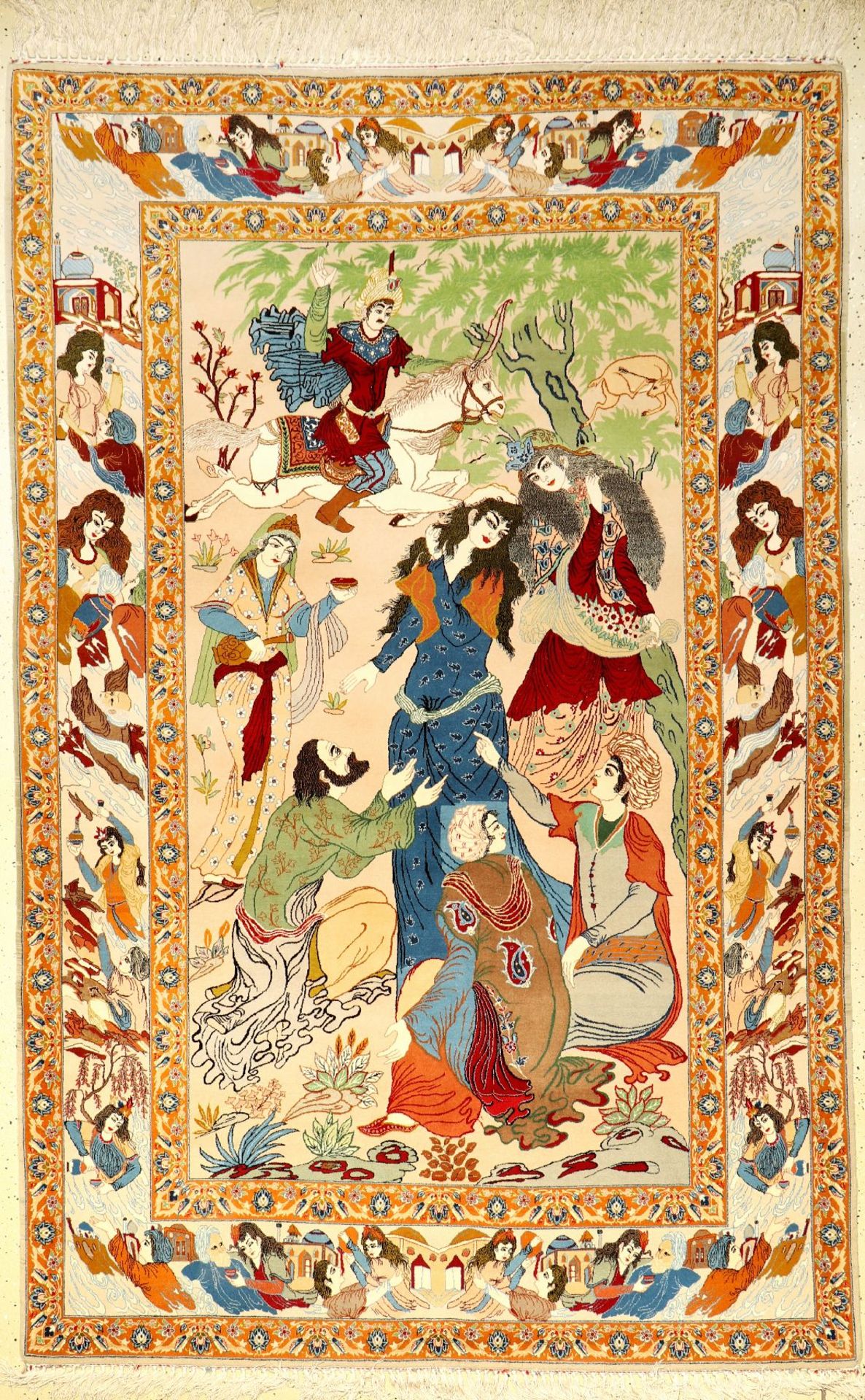 Fine Esfahan pictorial rug, old, Persia, around 1960/1970, wool on silk, approx. 242 x 154 cm, 10x10