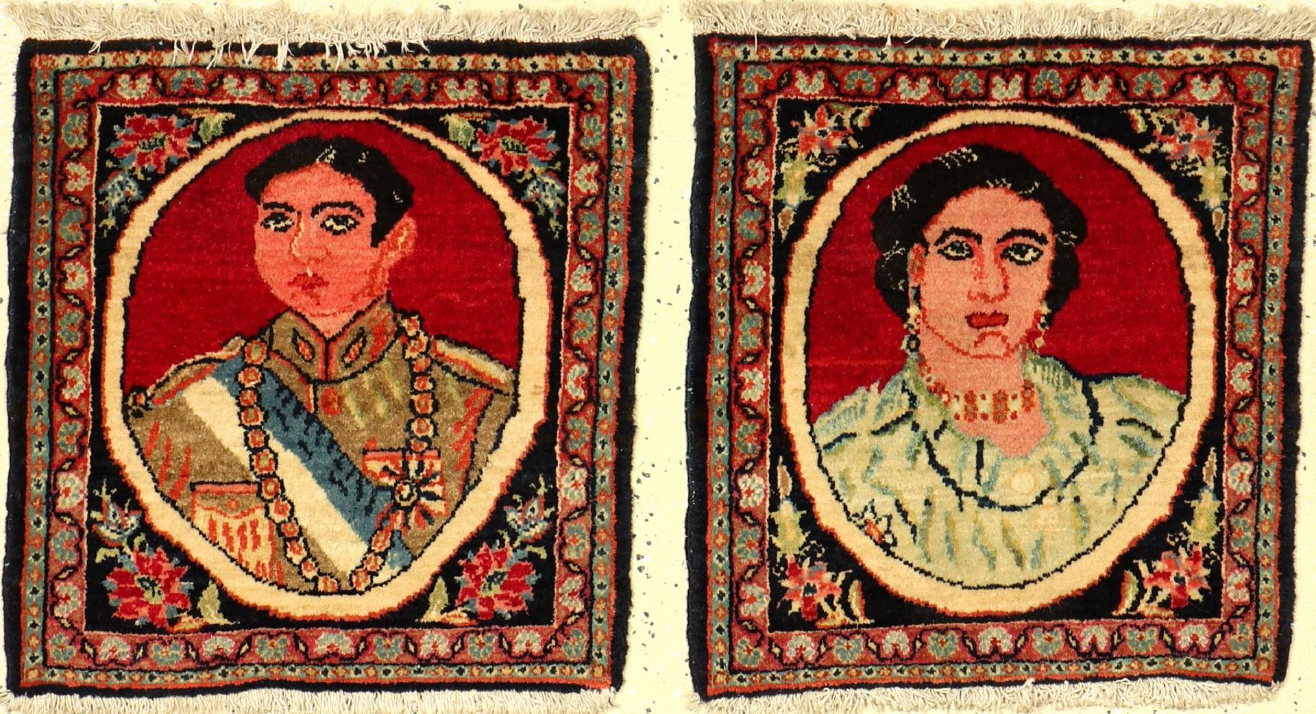 Khorassan Rug (Shah Pahlavi and Soraya), Persia, around 1960, wool on cotton, approx. 50 x 45 cm,