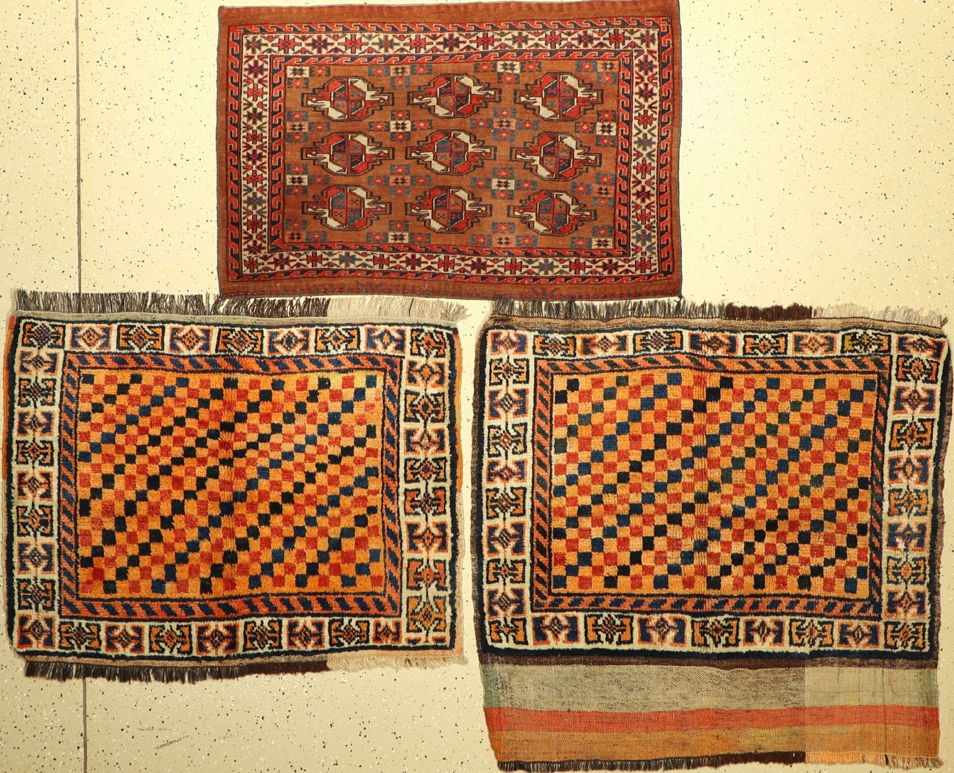 (3 lots) 1x Yomud Tschowal 2x Gabbeh large pocket fronts old, Turkmenistan / Persia, around 1 900/