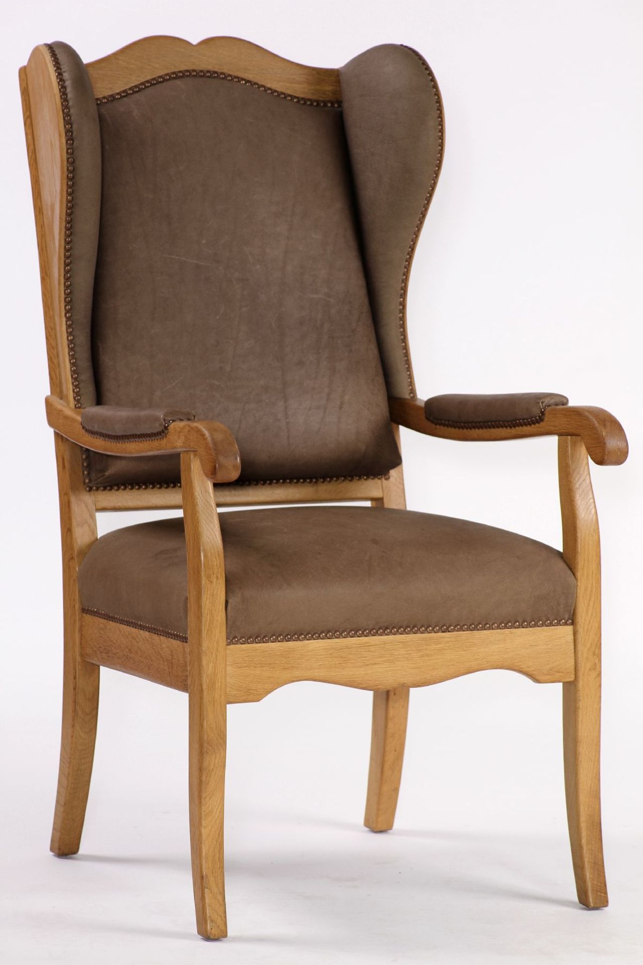 Wingback armchair, solid oak frame, gray-brownleather upholstery, with nail decoration, - Image 2 of 4