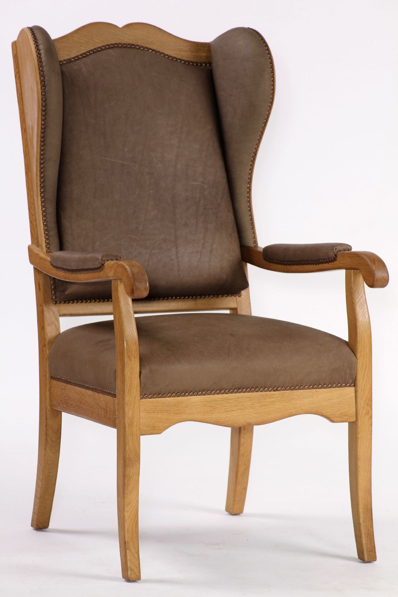 Wingback armchair, solid oak frame, gray-brownleather upholstery, with nail decoration, - Bild 2 aus 4