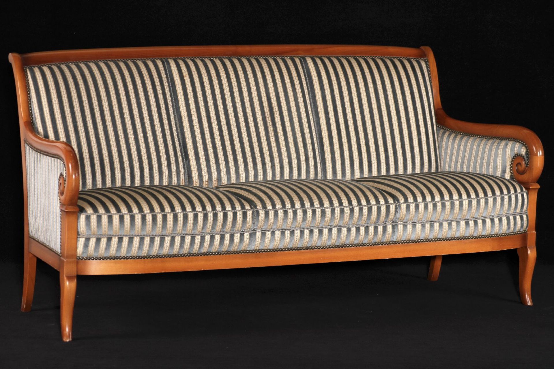 3-seater sofa, in the style of 1830, solid cherry frame, elegantly curved front, handrails ending in