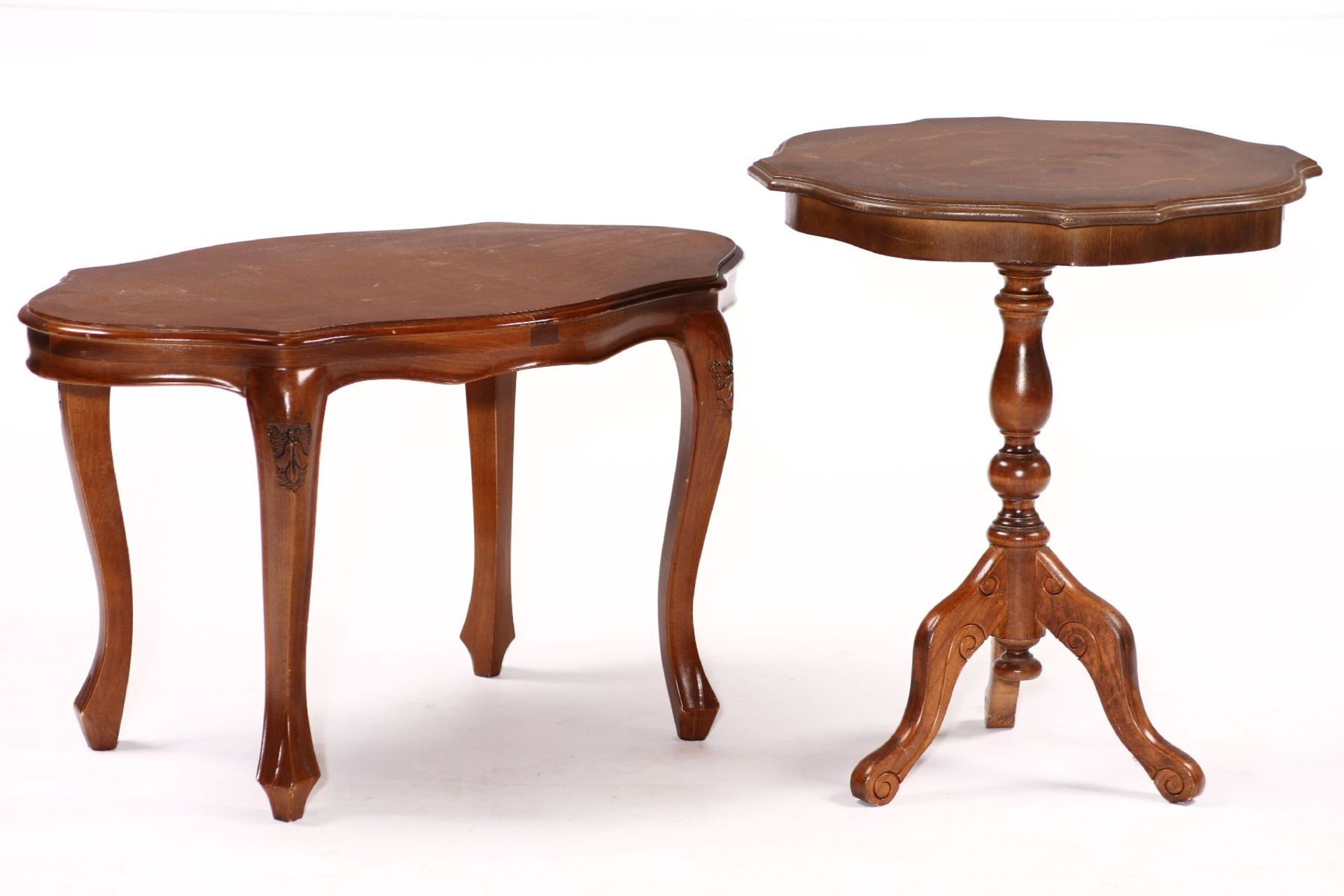 telephone table, partly solid wood, walnut veneer, inlays in shape of flowers and leafing using