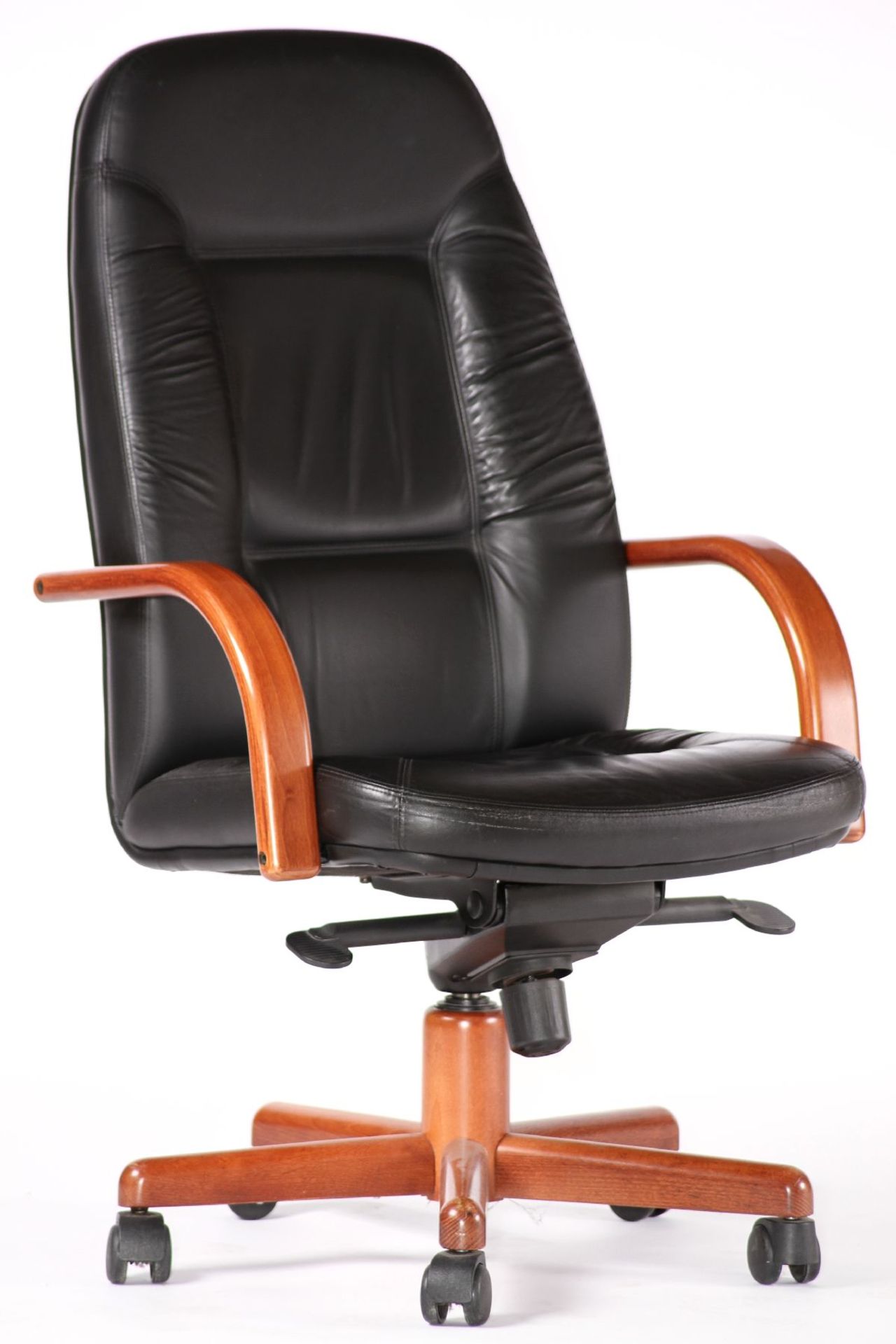 Office swivel chair, foot and armrests made ofsolid wood, stained on walnut, black leather covers,