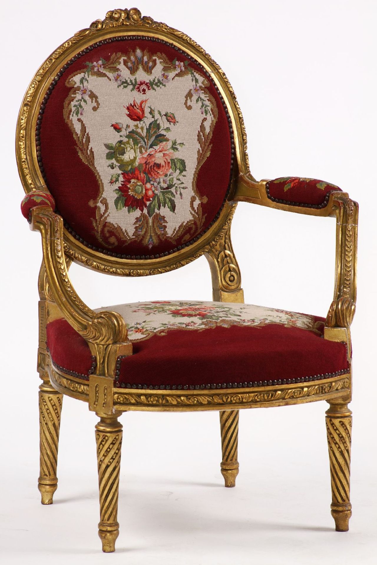 Armchair, frame in solid wood, painted gold, abstract floral decorative frieze and elaborately