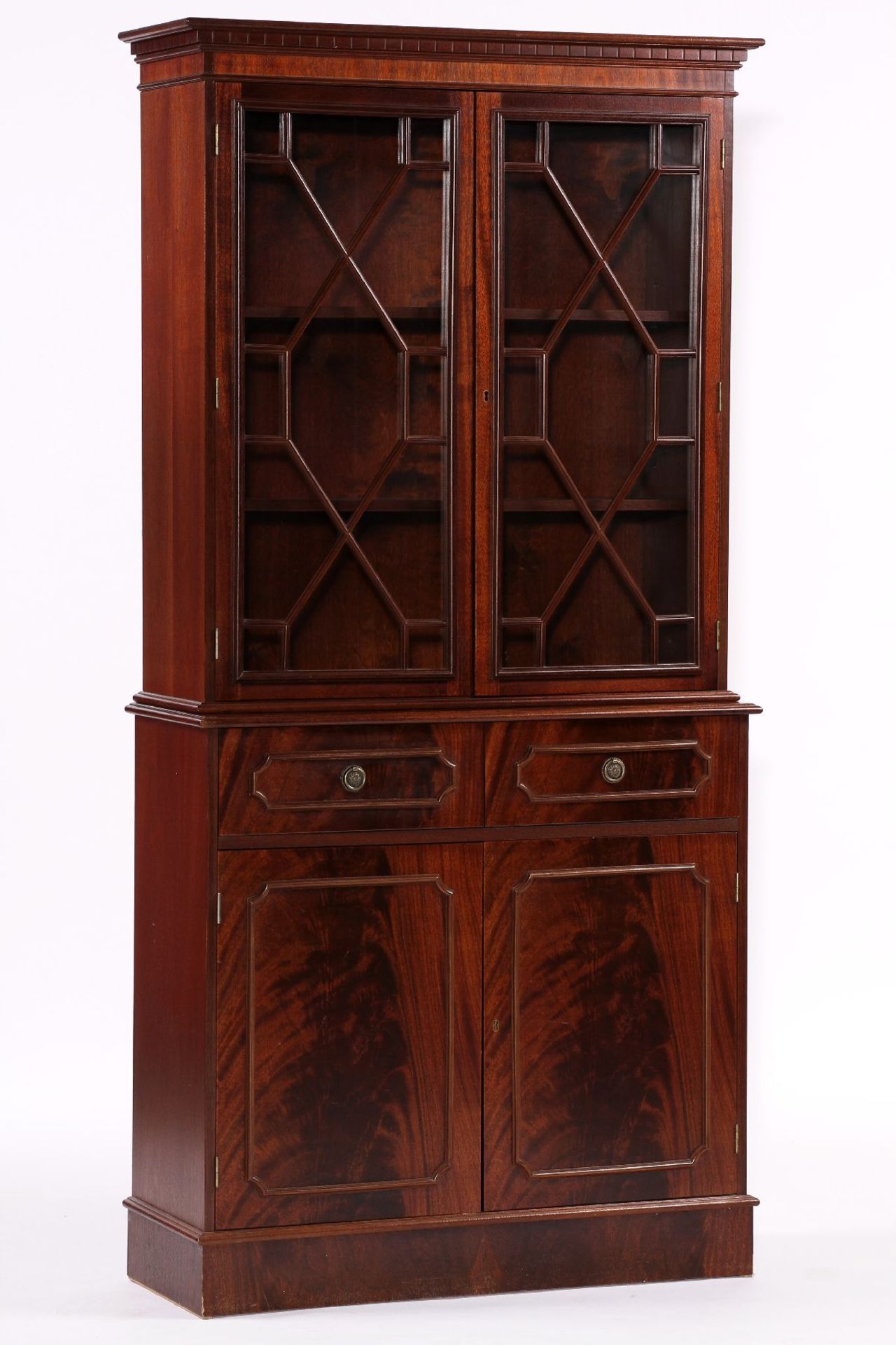 Display case, in Sheraton style from 1780/90, 2 pieces, corpus partly Solid wood, mahogany u.