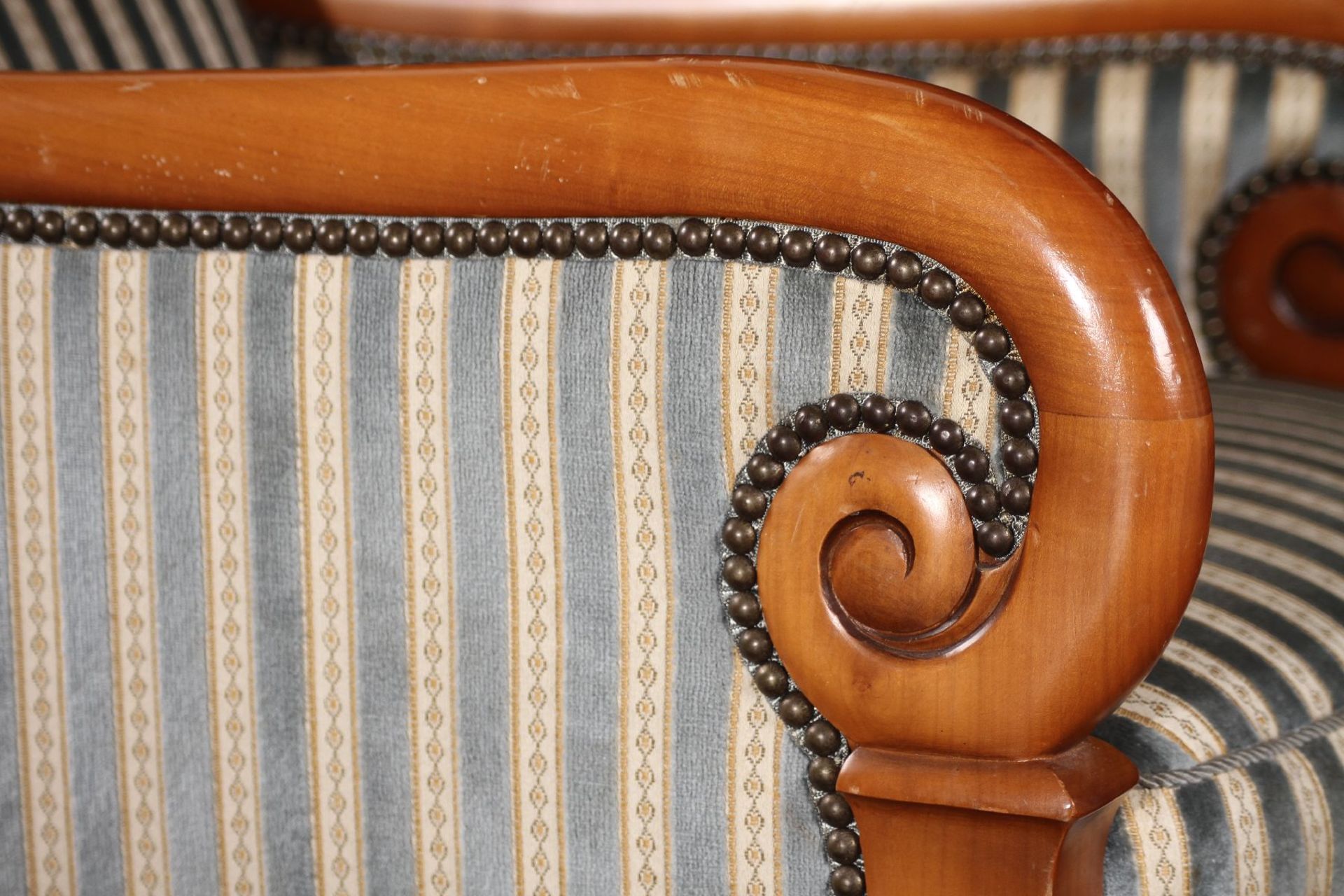 Pair of Armchairs, style of 1830, solid cherryframe, elegantly curved front, handrails ending in - Bild 5 aus 7