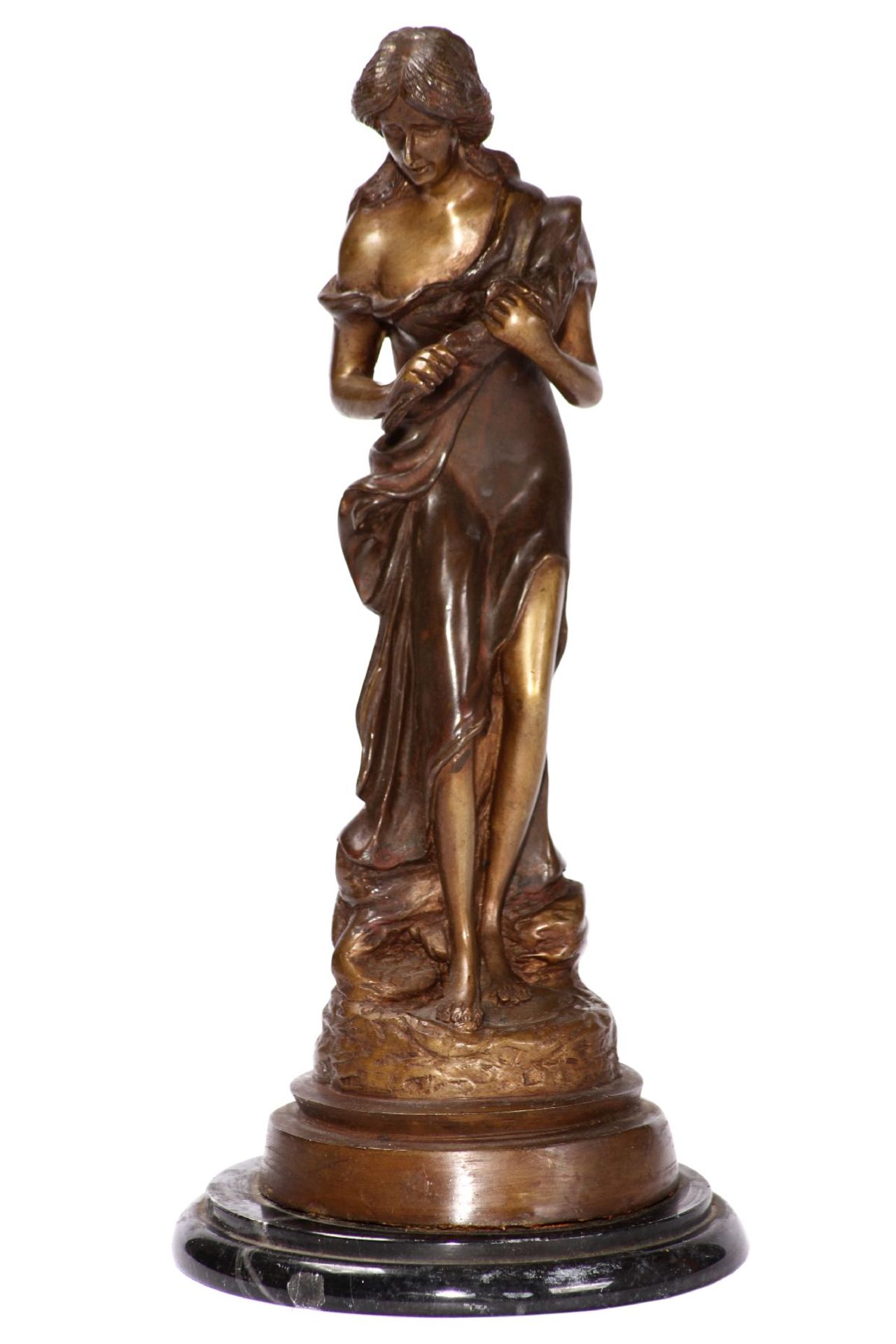 Woman with cloth, bronze, brown, dark brown and golden brown patinated, slightly oriented to the