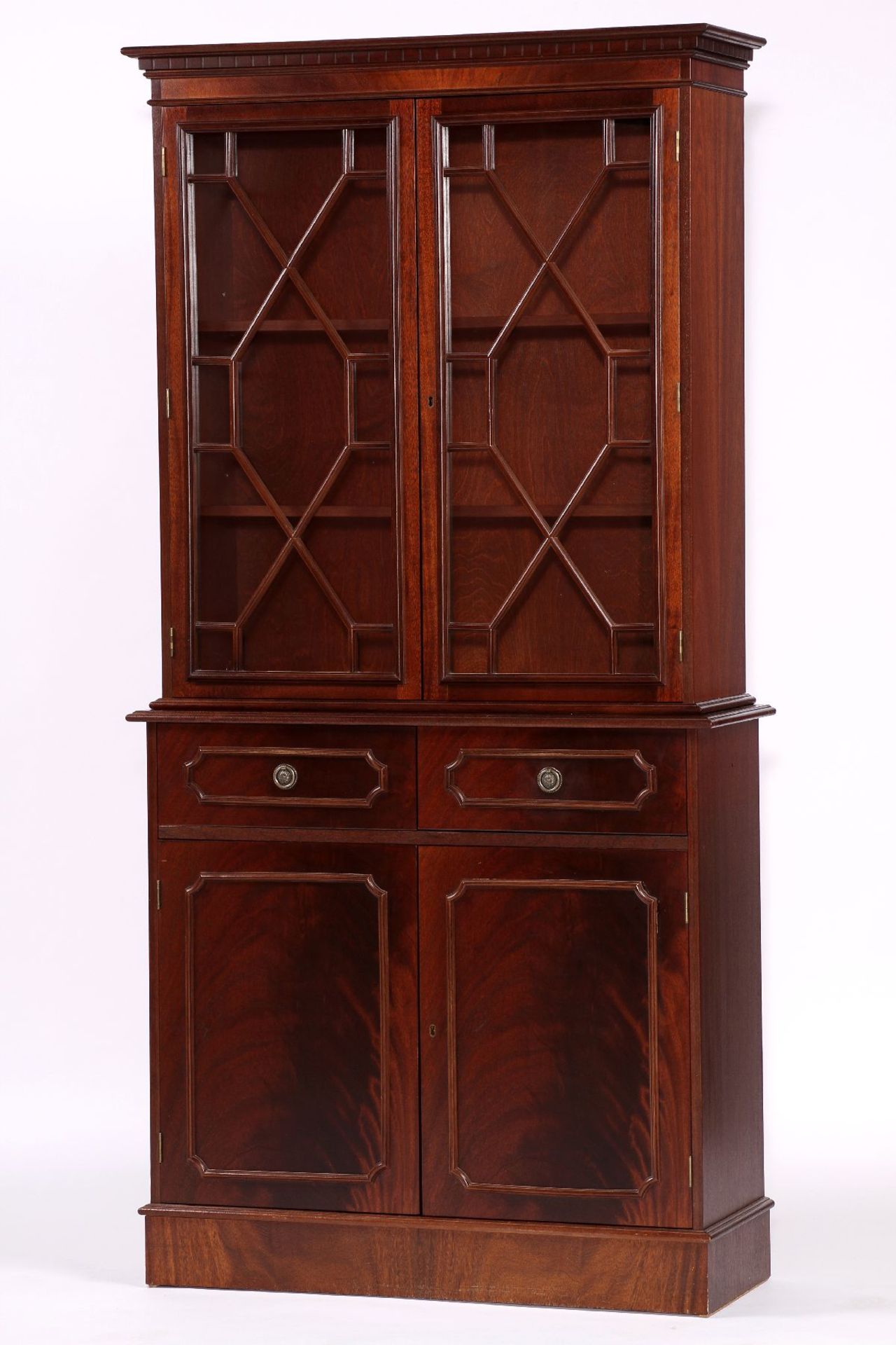 Display Case, in Sheraton style from 1780/90, 2 pieces, corpus partly Solid wood, mahogany and