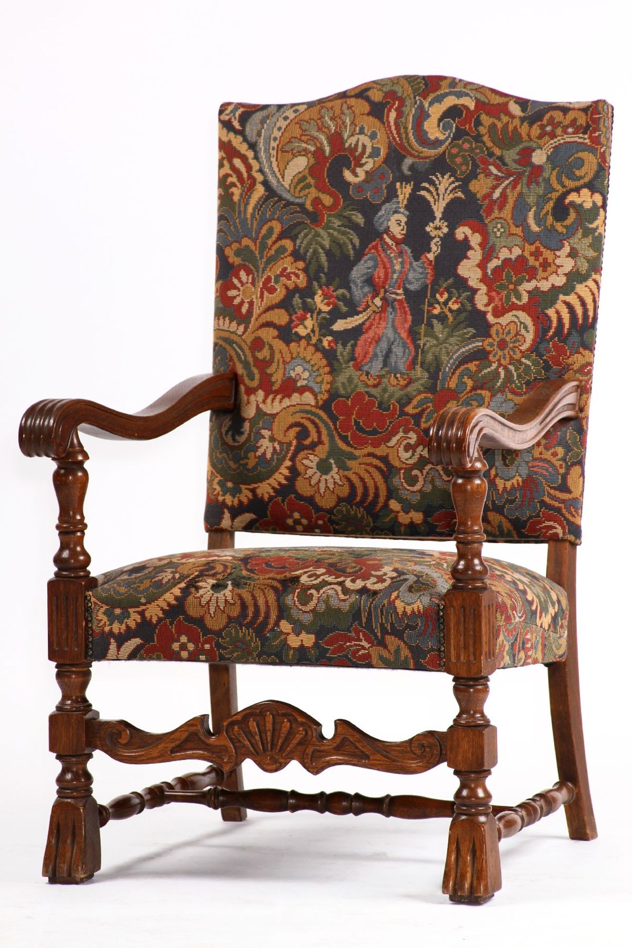 Armchair, based on the Italian model from 1730/40, solid oak frame, with rich turning work,