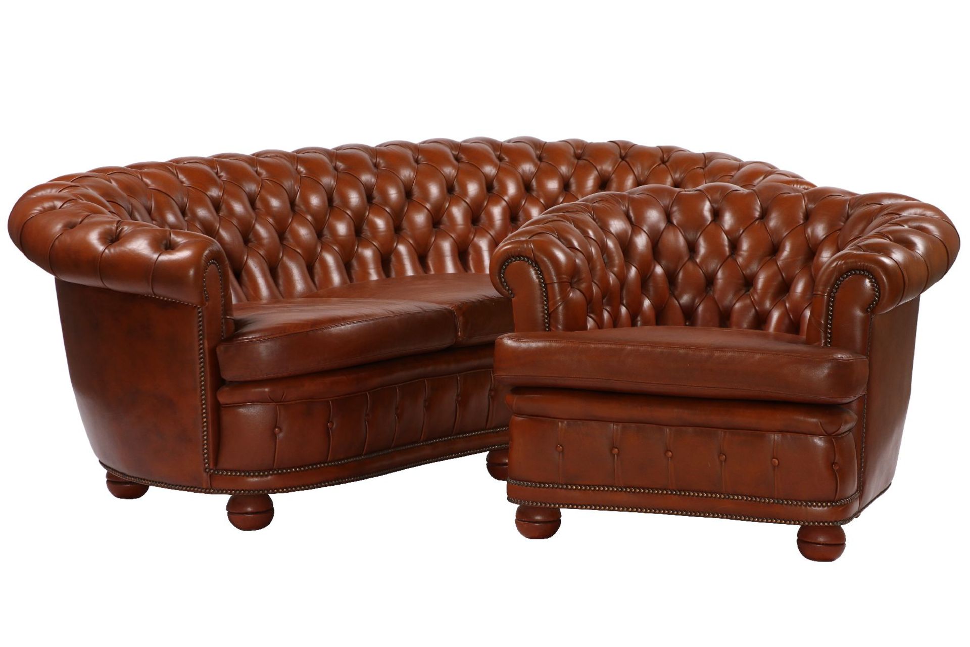 3-seater sofa and 2 armchairs, in Chesterfieldstyle, brown leather covers of very good quality,