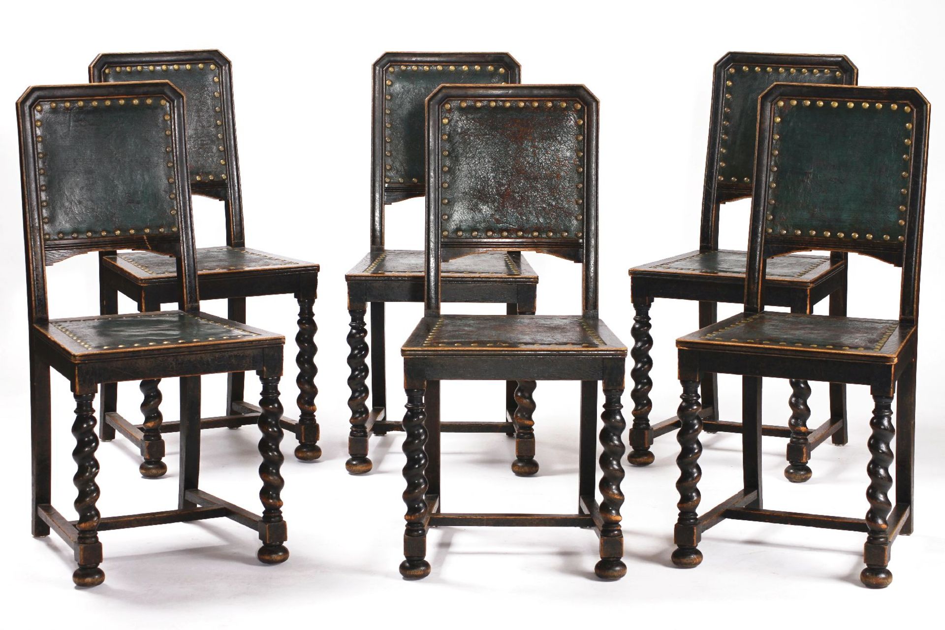 6 chairs, German, around 1890/1900, frames solid oak, blackened, good middle-class furniture, spiral