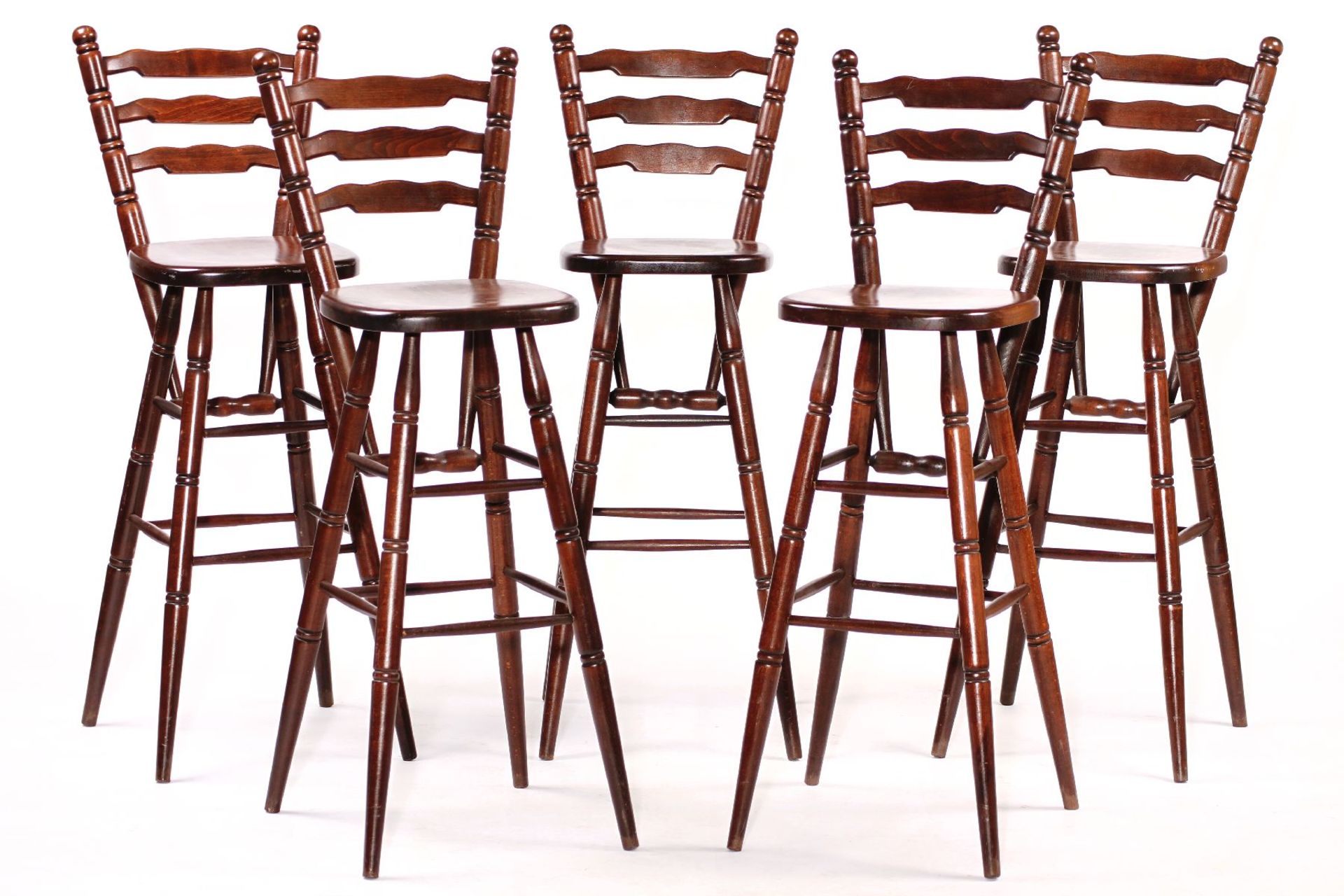 5 bar stools, solid wood, stained dark brown, stable workmanship, traces of use, each approx.