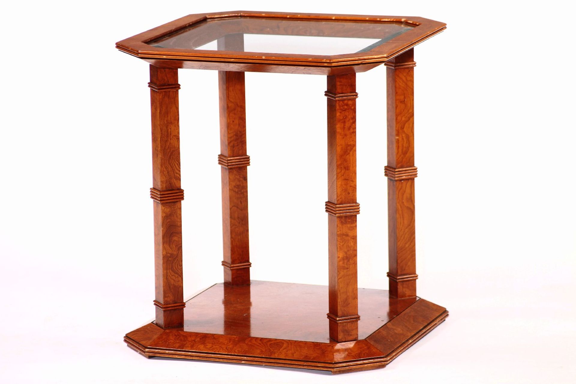 Side table, solid root wood, stained red- brown, beautiful wood grain, octagonal, inlaidfaceted