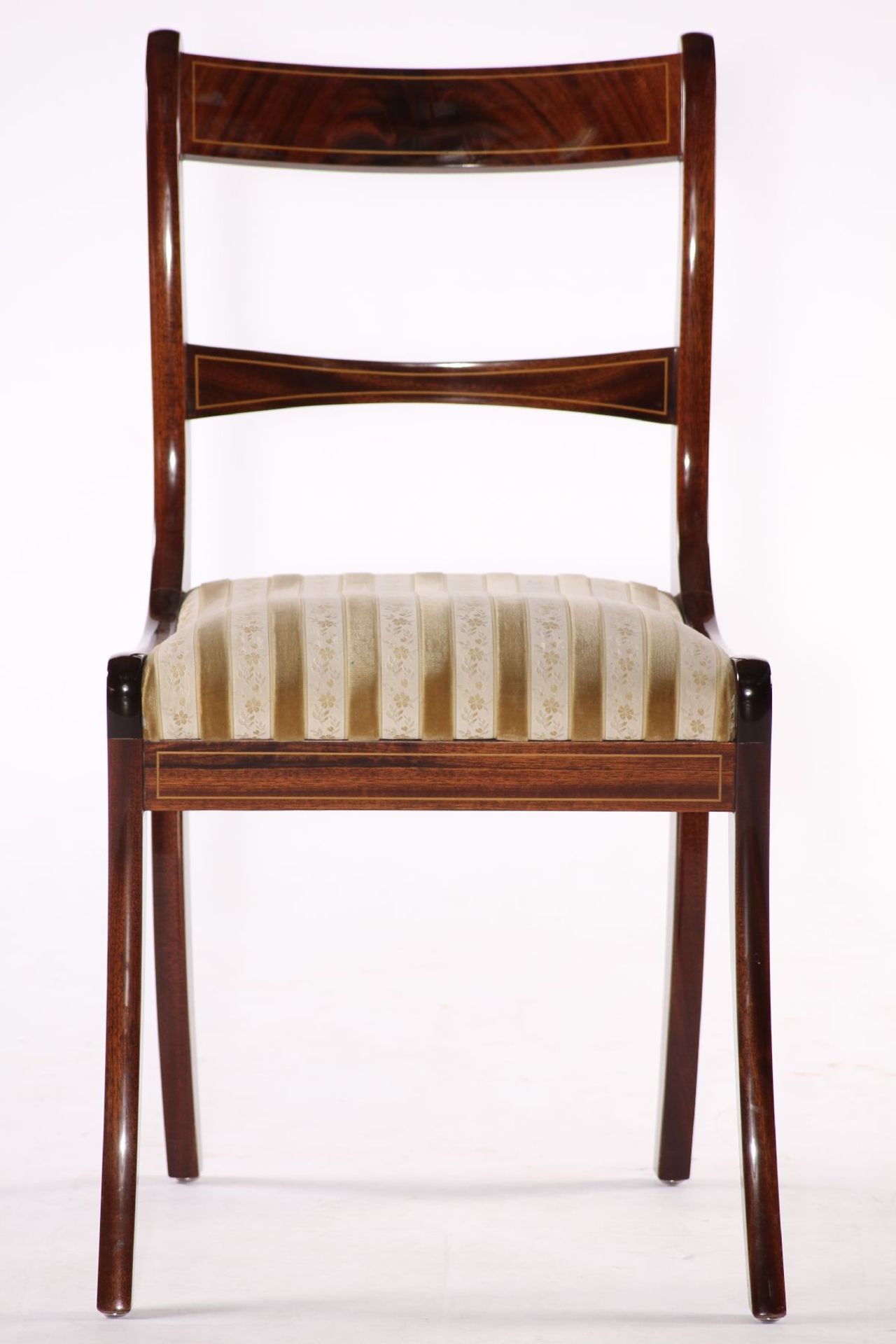 5 chairs, partly solid Mahogany and veneer, elegantly curved, ocher and cream-colored striped fabric - Bild 2 aus 3