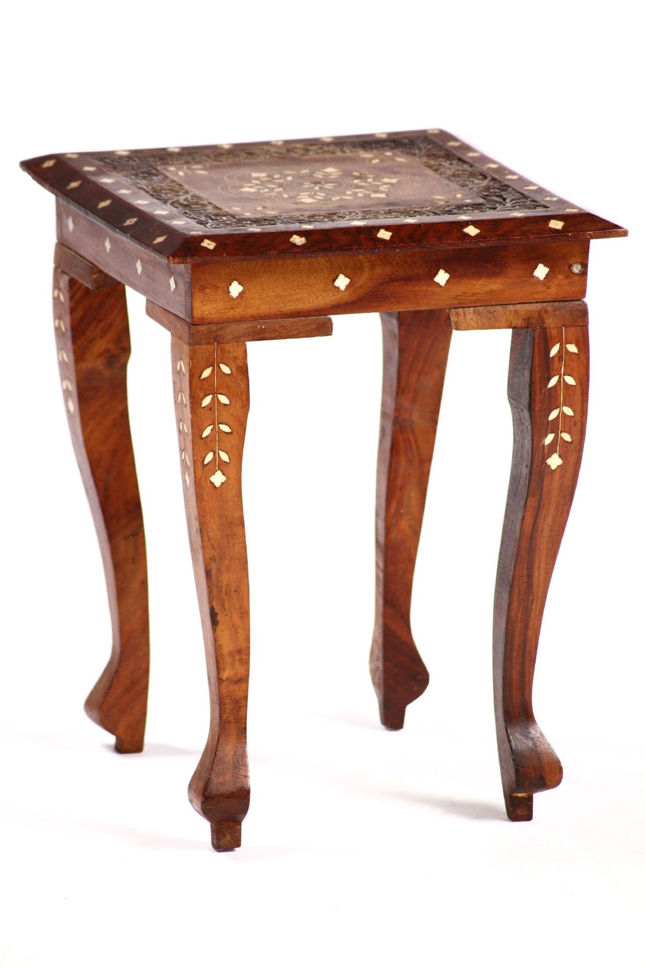 Side table, solid wood, stained dark brown, curved legs, decorative inlays made of leg in the form