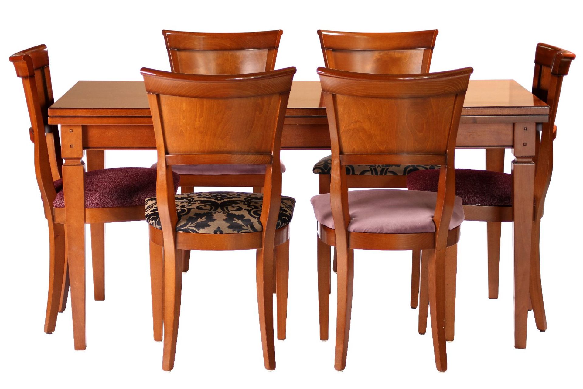 Table with 6 Chairs, table partly cherry solid, plate surface cherry veneer, sides withextension