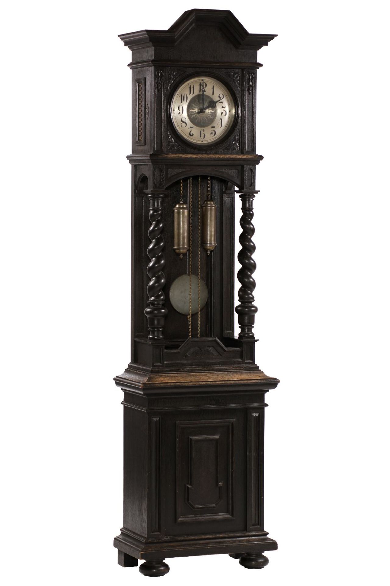 Clock, German, around 1890, so-called Wilhelminian style, solid oak and partly veneered, stained