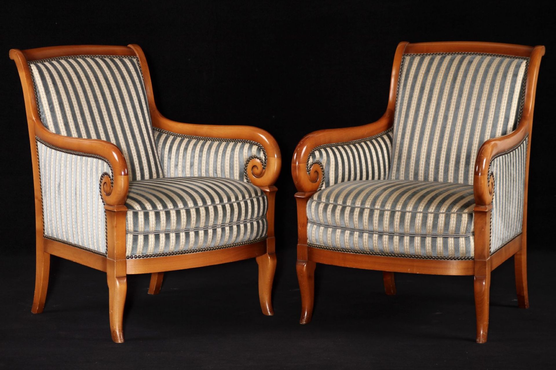 Pair of Armchairs, style of 1830, solid cherryframe, elegantly curved front, handrails ending in