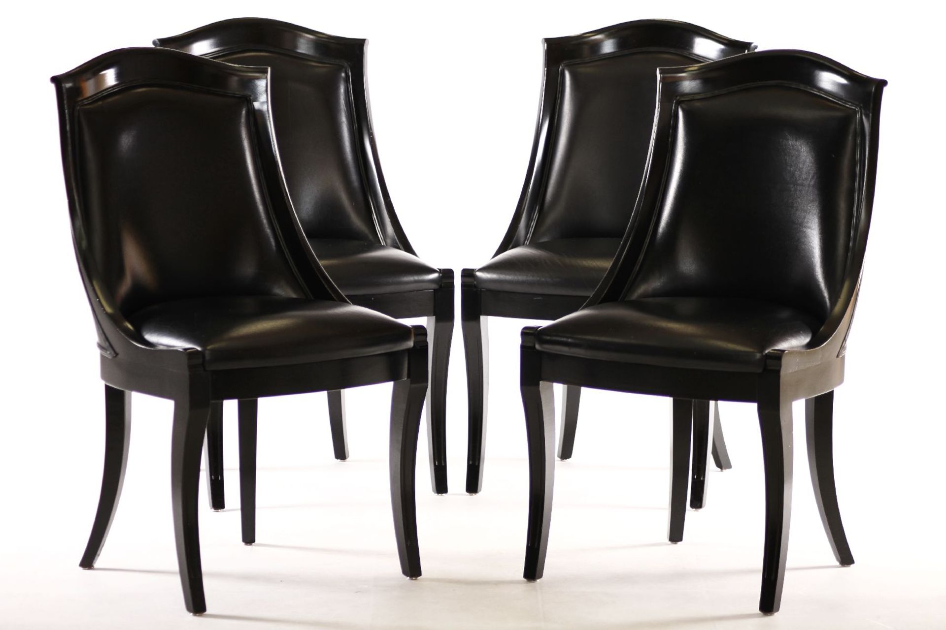 4 chairs, in Art Deco style, solid wood frames, black lacquered, black leather covers,comfortable