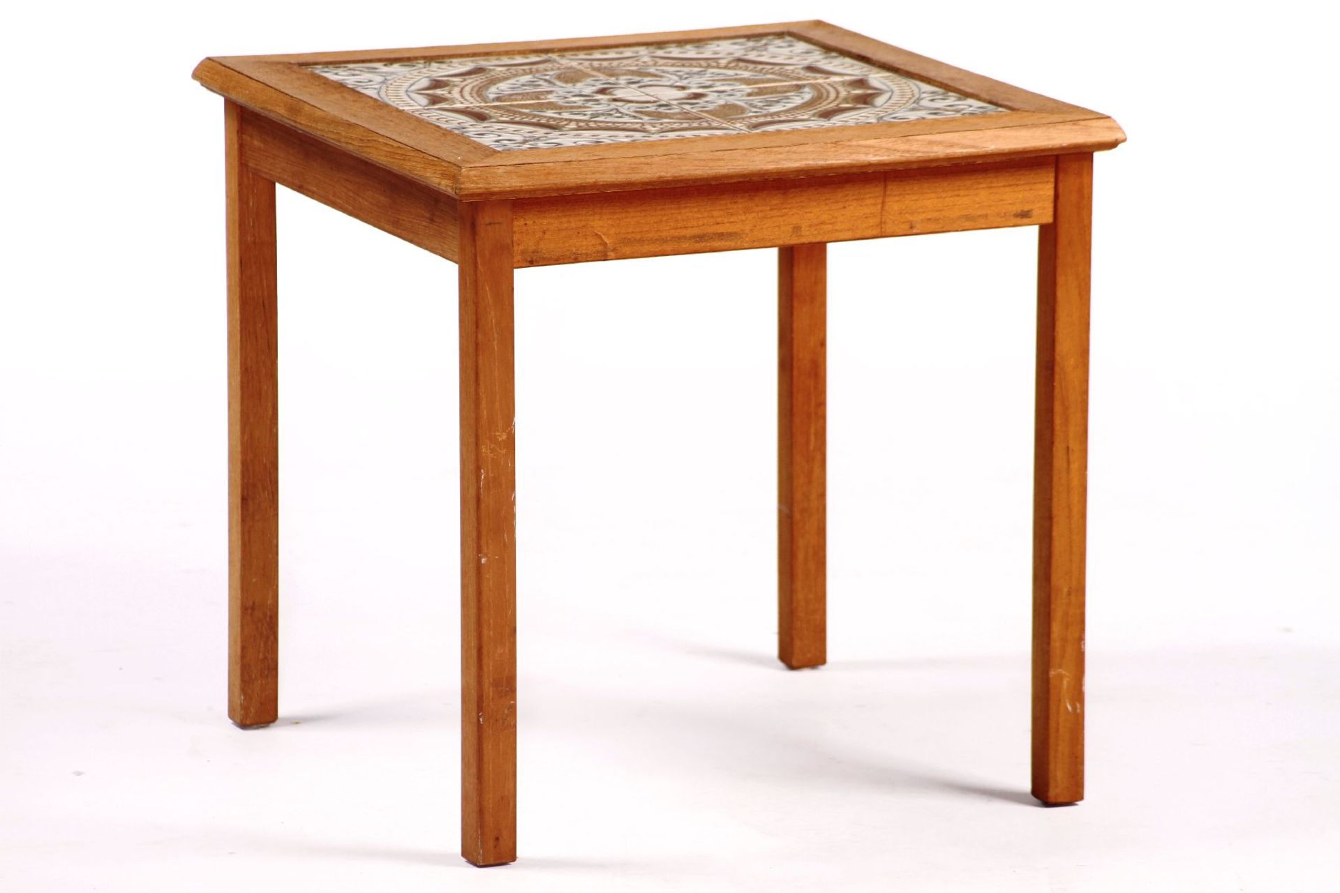 Side table, solid oak, top with 4 recessed tiles, some of which are abstractly floral, slight traces