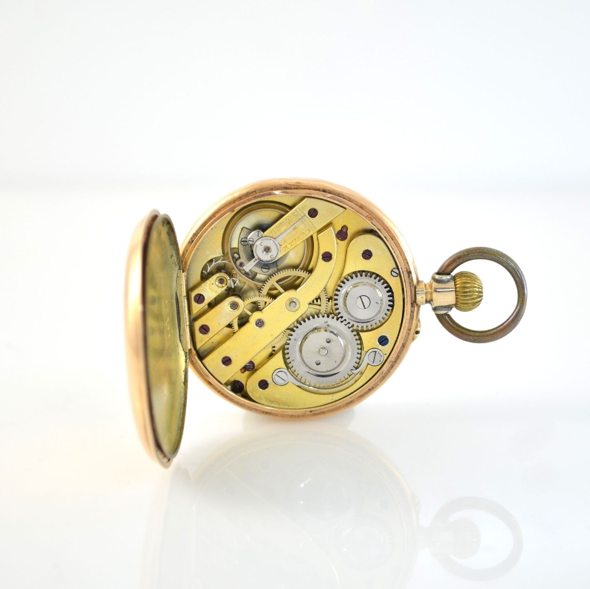 Open face 14k pink gold pocket watch, Switzerland around 1900, 1-cover gold case dent, enamel dial - Bild 6 aus 7