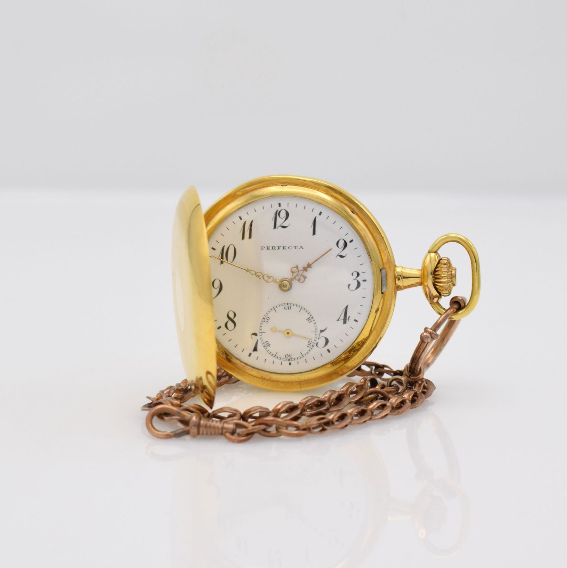 PERFECTA 14k yellow gold hunting cased pocket watch including 8k pink gold chain, Switzerland around