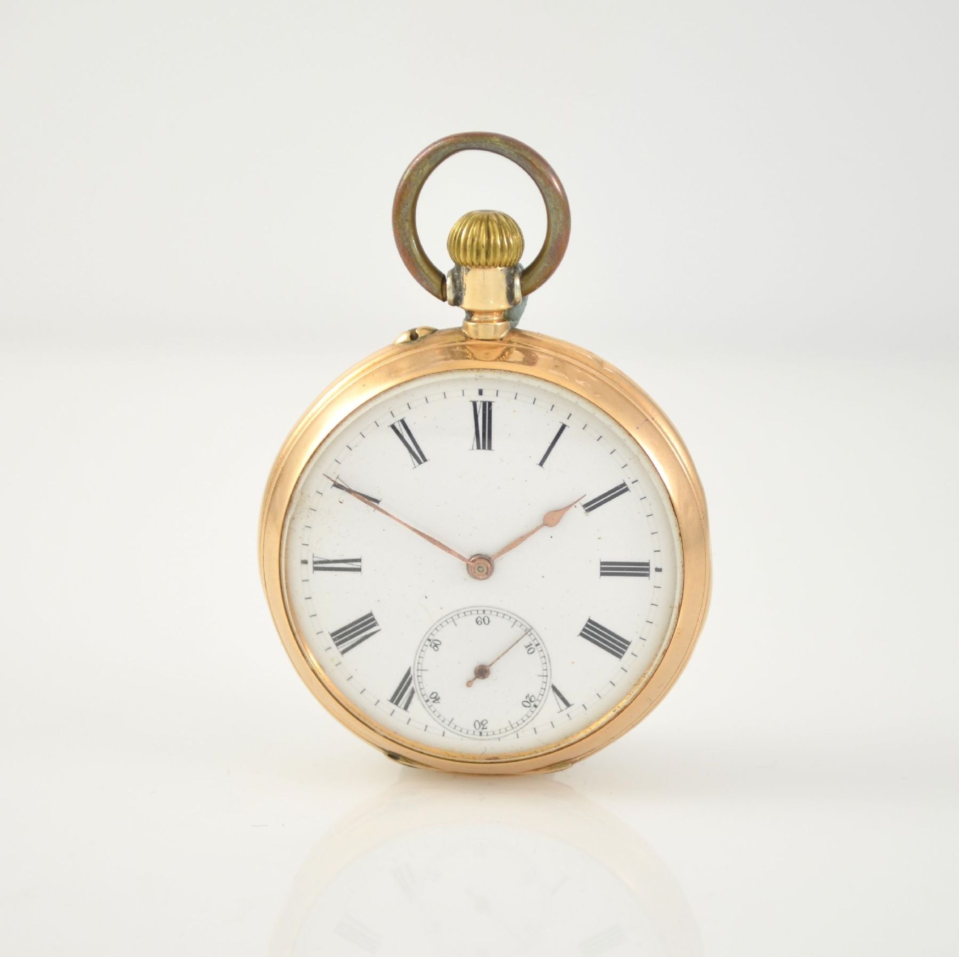 Open face 14k pink gold pocket watch, Switzerland around 1900, 1-cover gold case dent, enamel dial