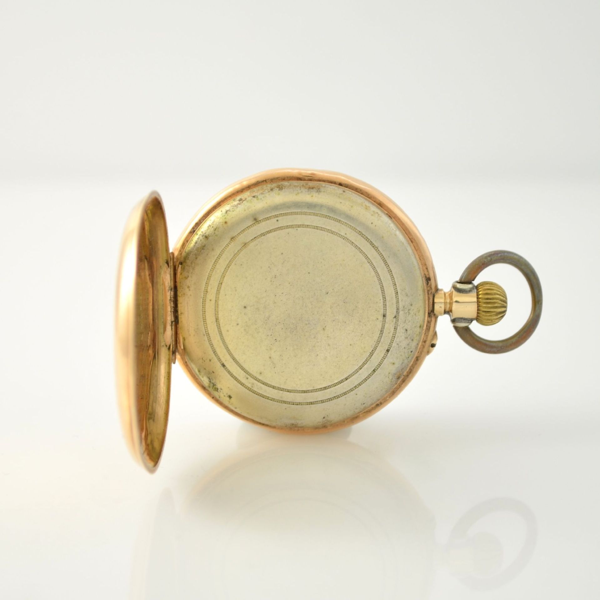 Open face 14k pink gold pocket watch, Switzerland around 1900, 1-cover gold case dent, enamel dial - Bild 4 aus 7