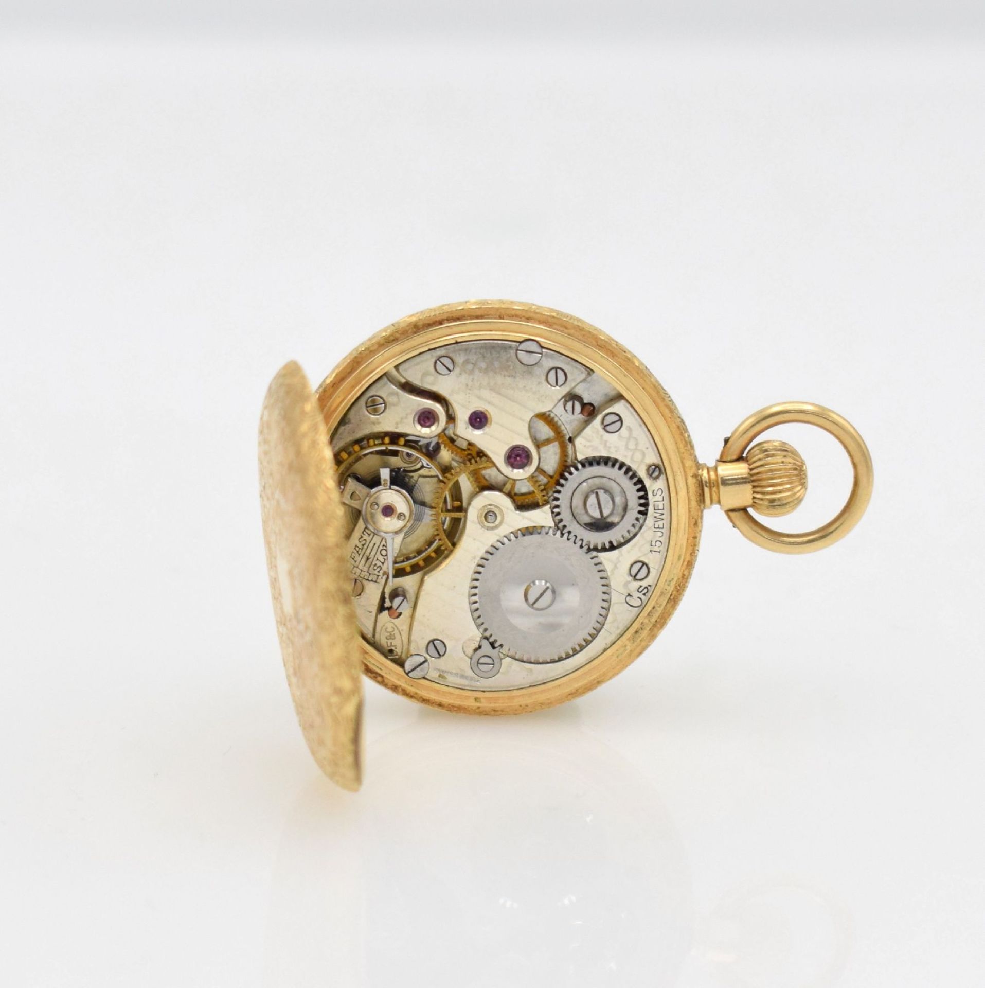 15k yellow gold ladies half-hunter pocket watch with 8k yellow gold chain, England/Switzerland - Bild 8 aus 9