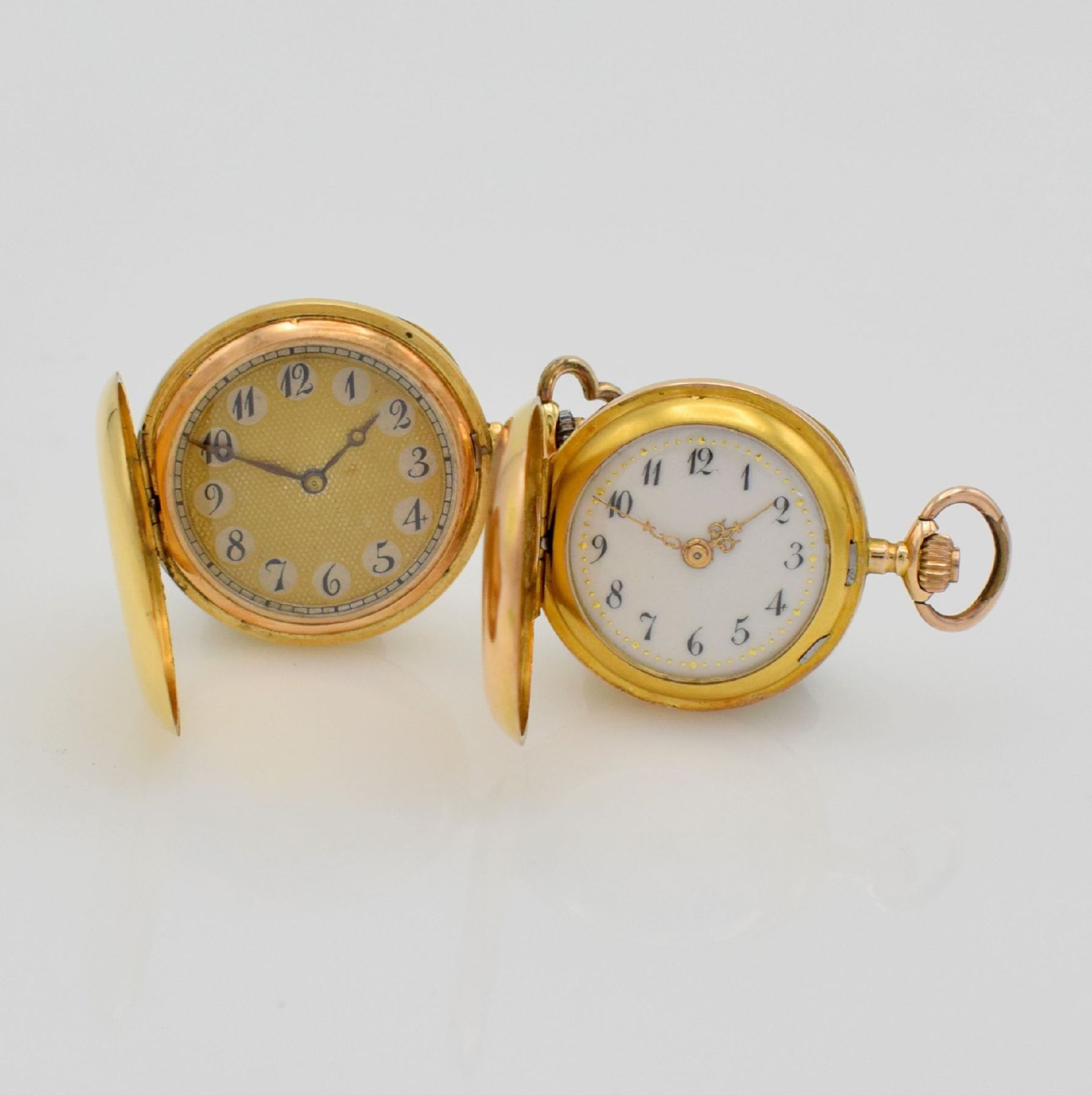 Set of 2 18k & 14k yellow gold ladies hunting cased pocket watches, Switzerland around 1890, both