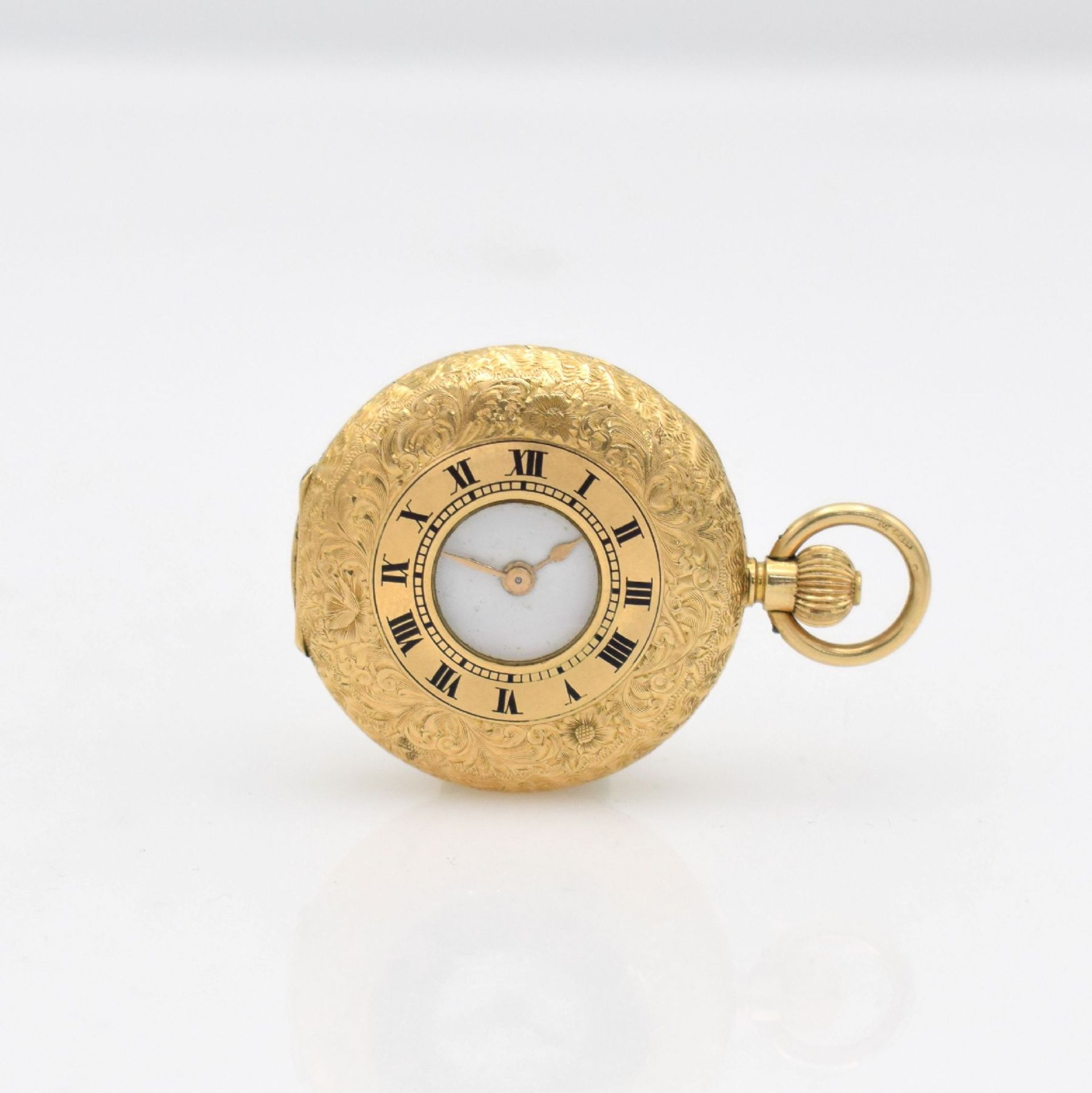 15k yellow gold ladies half-hunter pocket watch with 8k yellow gold chain, England/Switzerland