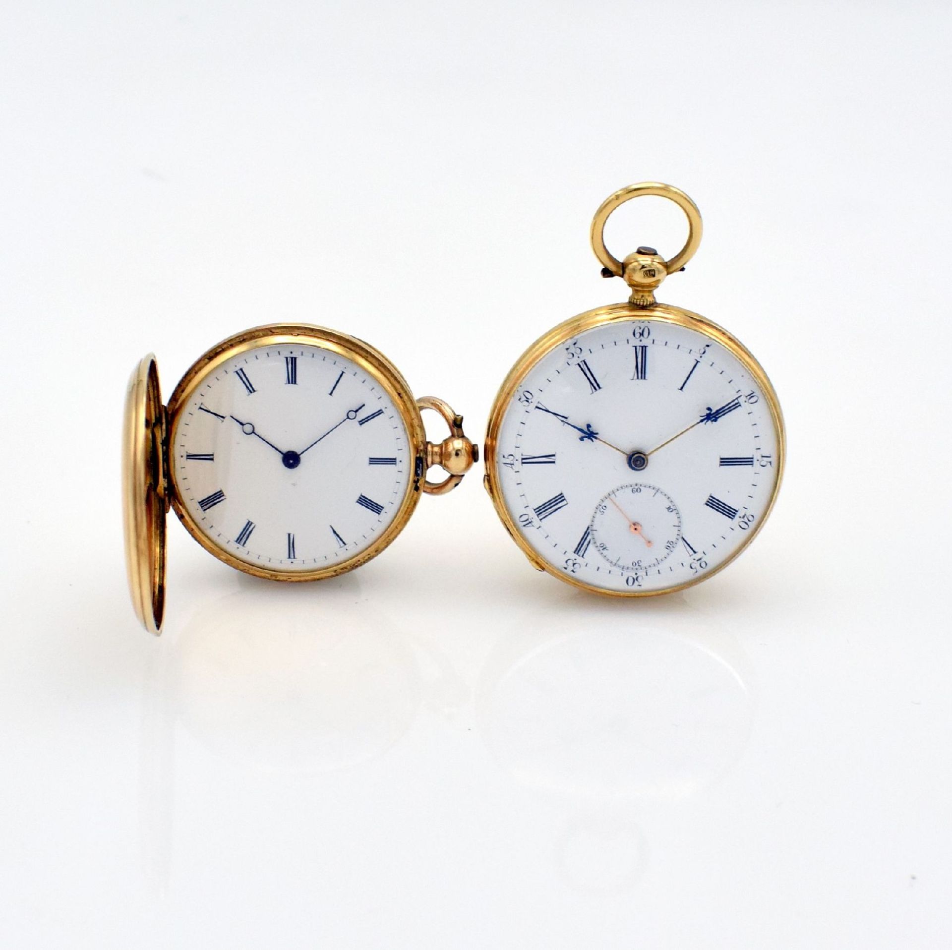 Set of 2 ladies gold pocket watches, Switzerland around 1860, key winding, 1 x Hy. Moser & Cie / J.