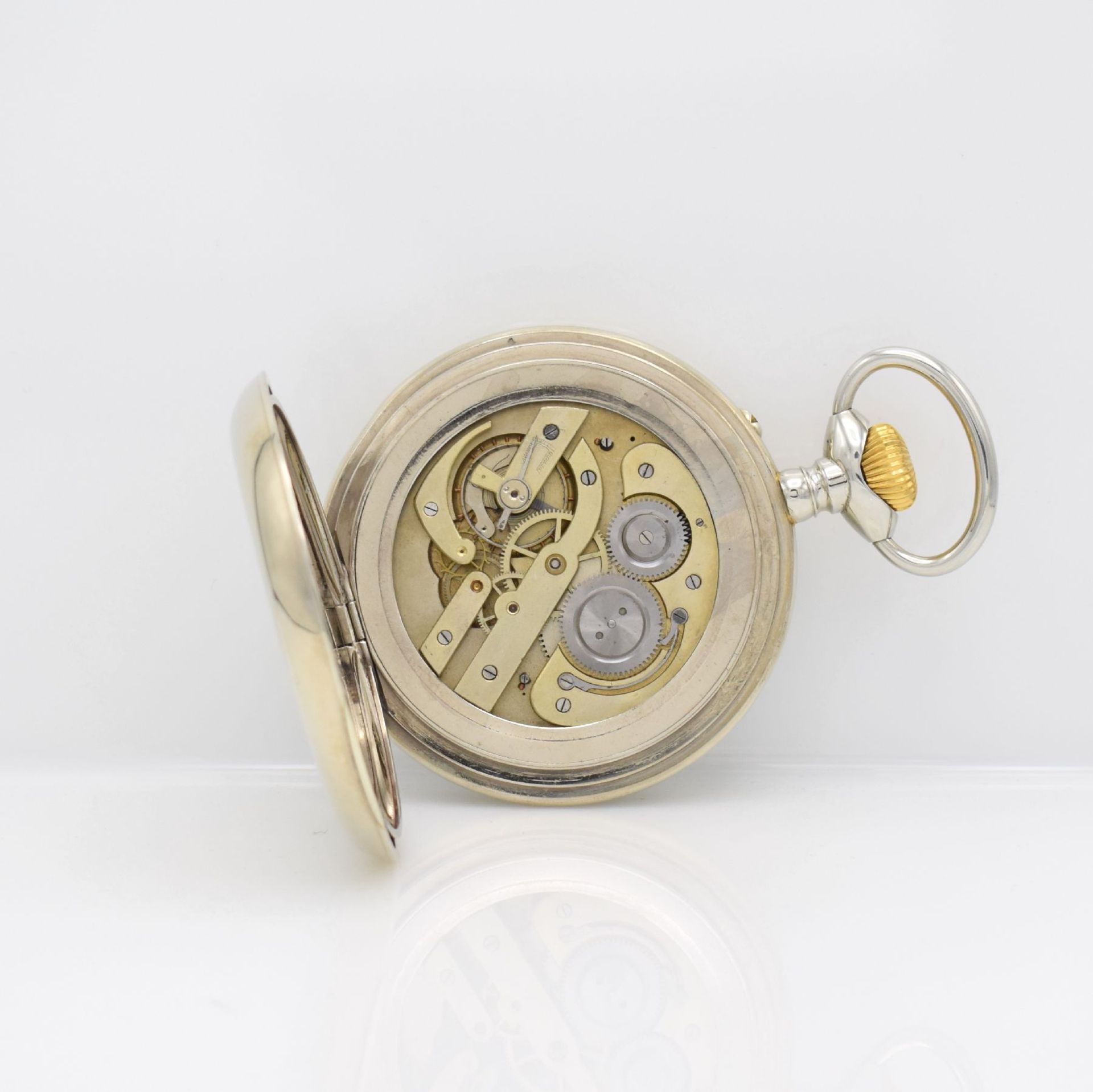 Big open face pocket watch diameter approx. 95 mm, Switzerland around 1900, nickel-case, hinge - Bild 6 aus 6