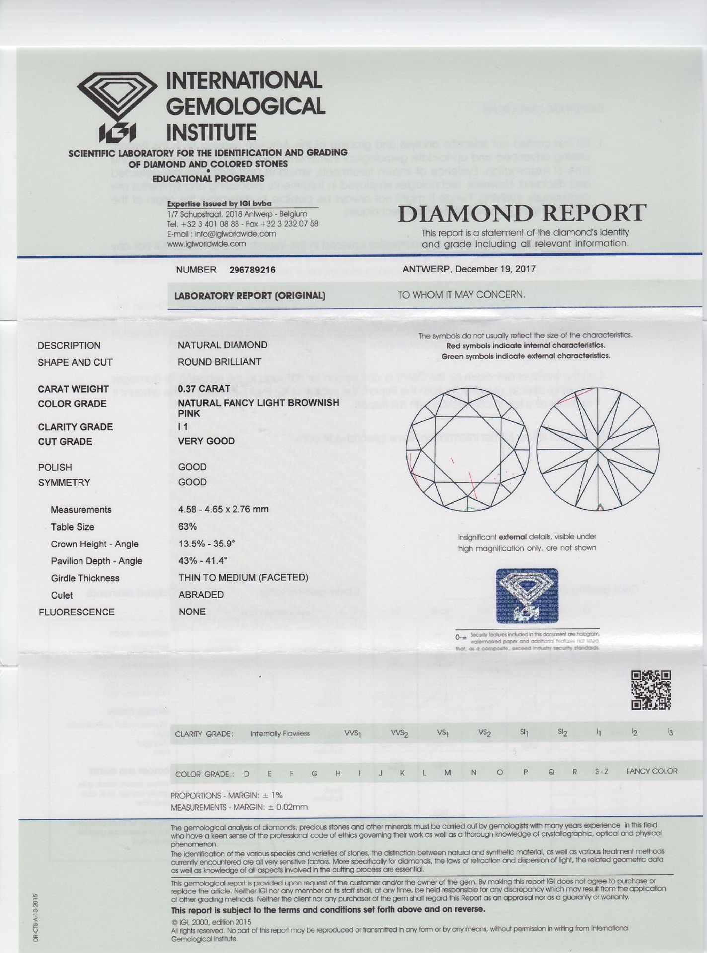 Sealed brilliant 0.37 ct , natural Fancy Light Brownish Pink/p 1, IGI expertise Valuation Price: - Bild 4 aus 4