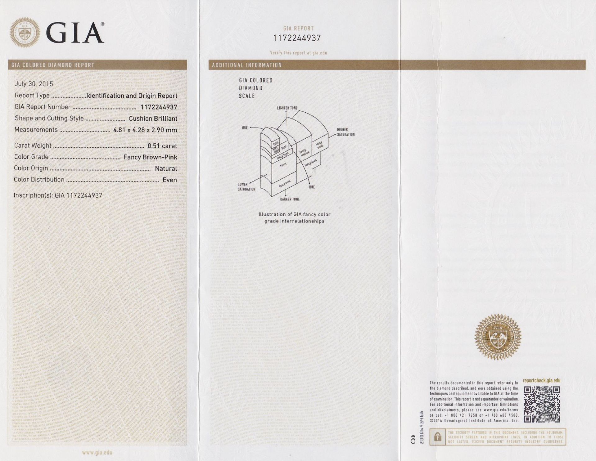 Loose diamond in cushion-cut 0.51 ct , natural, Fancy Brown-Pink, GIA expertise Valuation Price: - Bild 4 aus 4